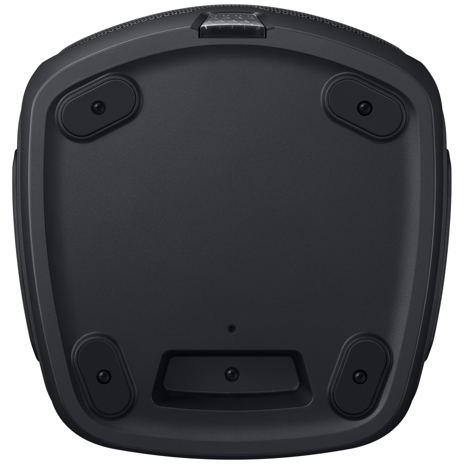The bottom of a black speaker with four rubber feet and a grip area.