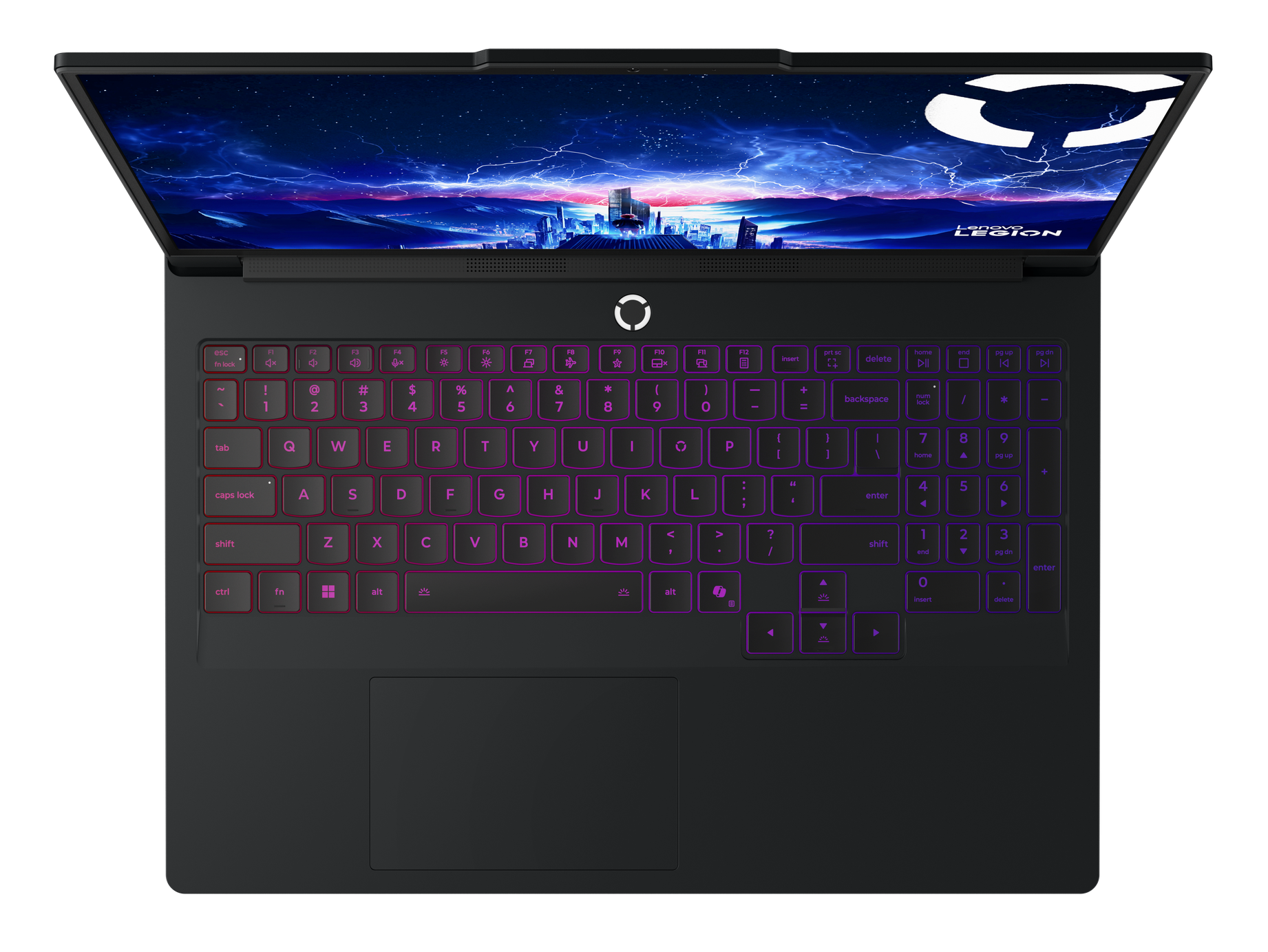 Laptop Lenovo Legion z fioletową podświetlaną klawiaturą i tapetą z futurystycznym miastem.