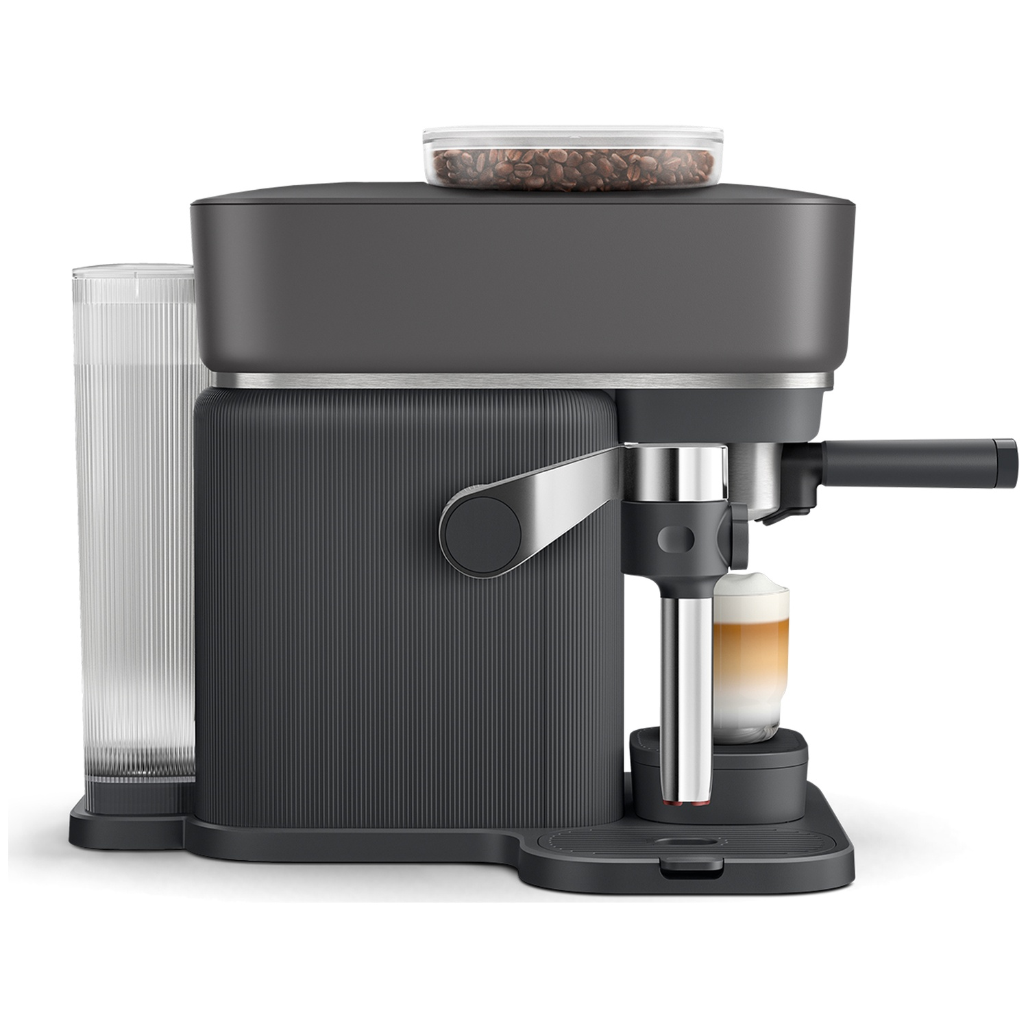 A dark coffee machine with a water tank, bean hopper, and a finished beverage.