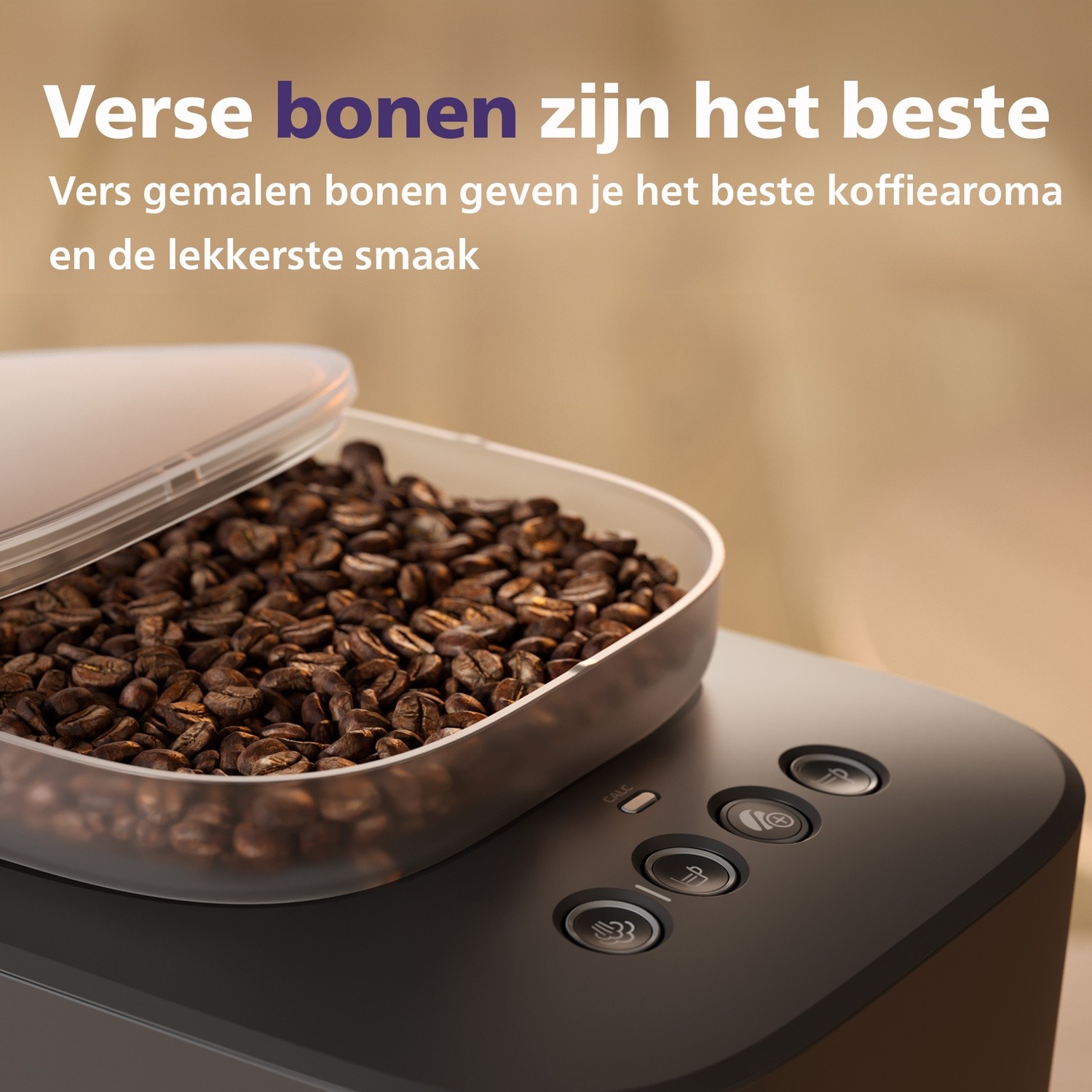 Fresh coffee beans in a container on a coffee machine.