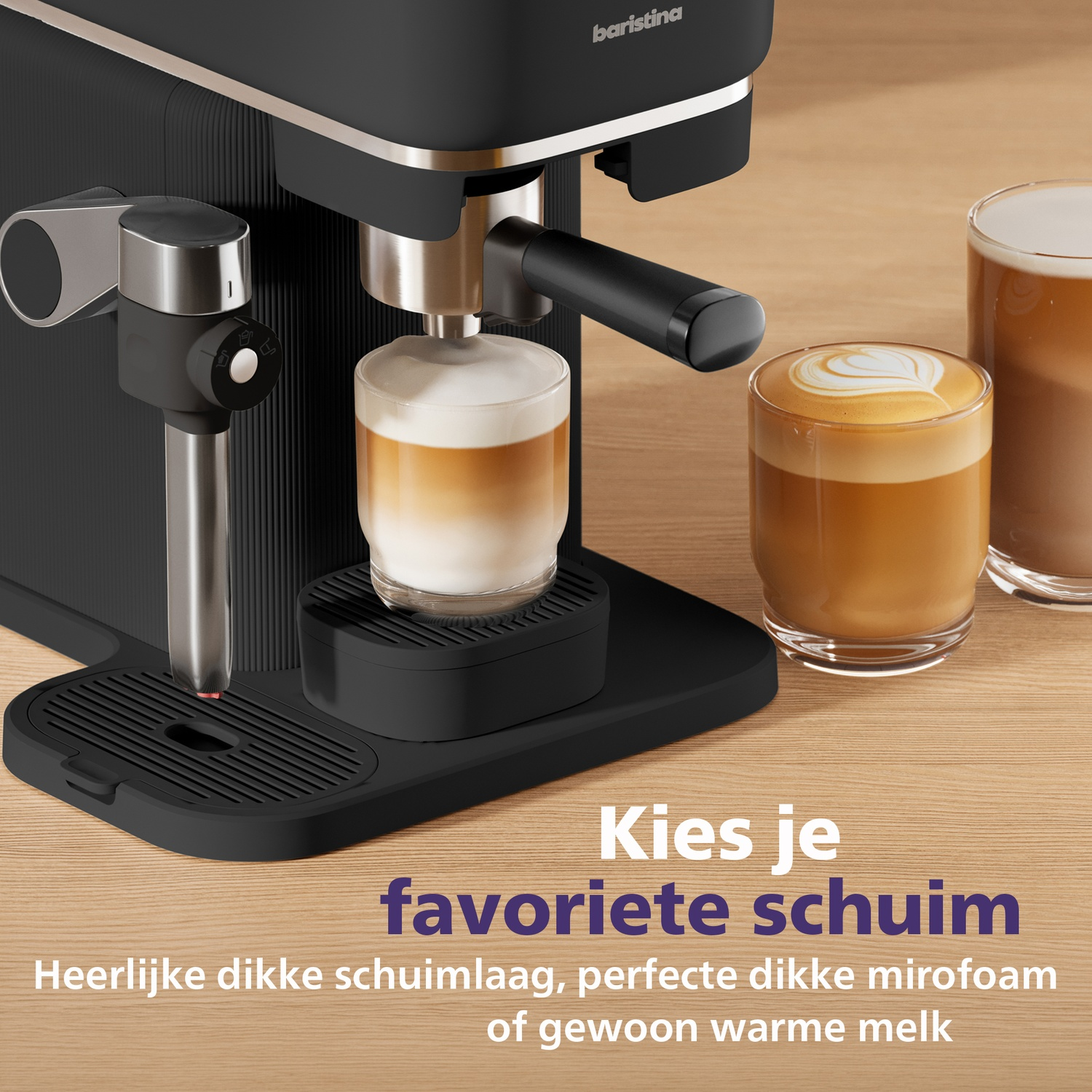 A black coffee machine with two glasses of coffee with milk foam.