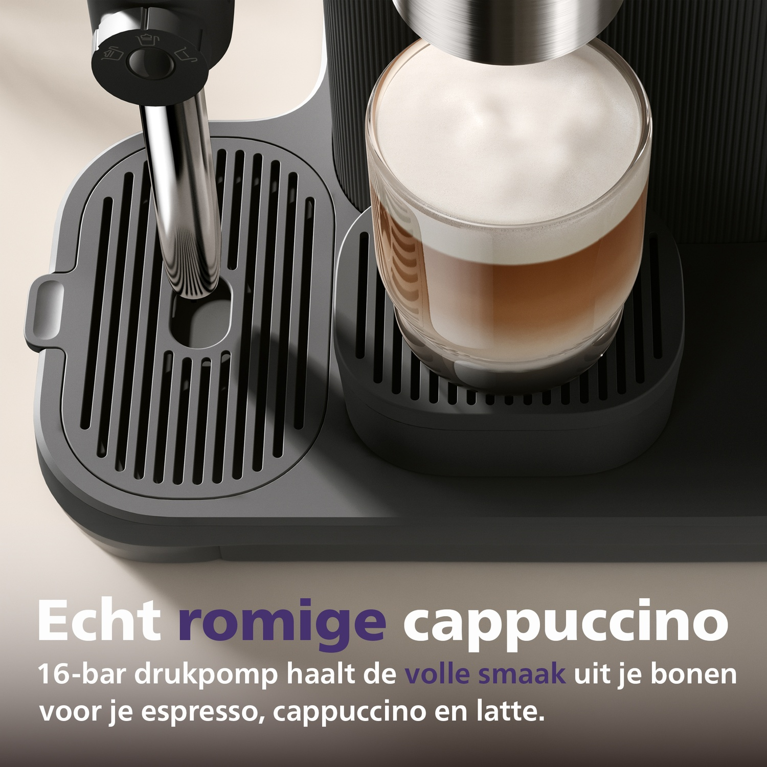 A coffee machine brews a creamy cappuccino in a glass.