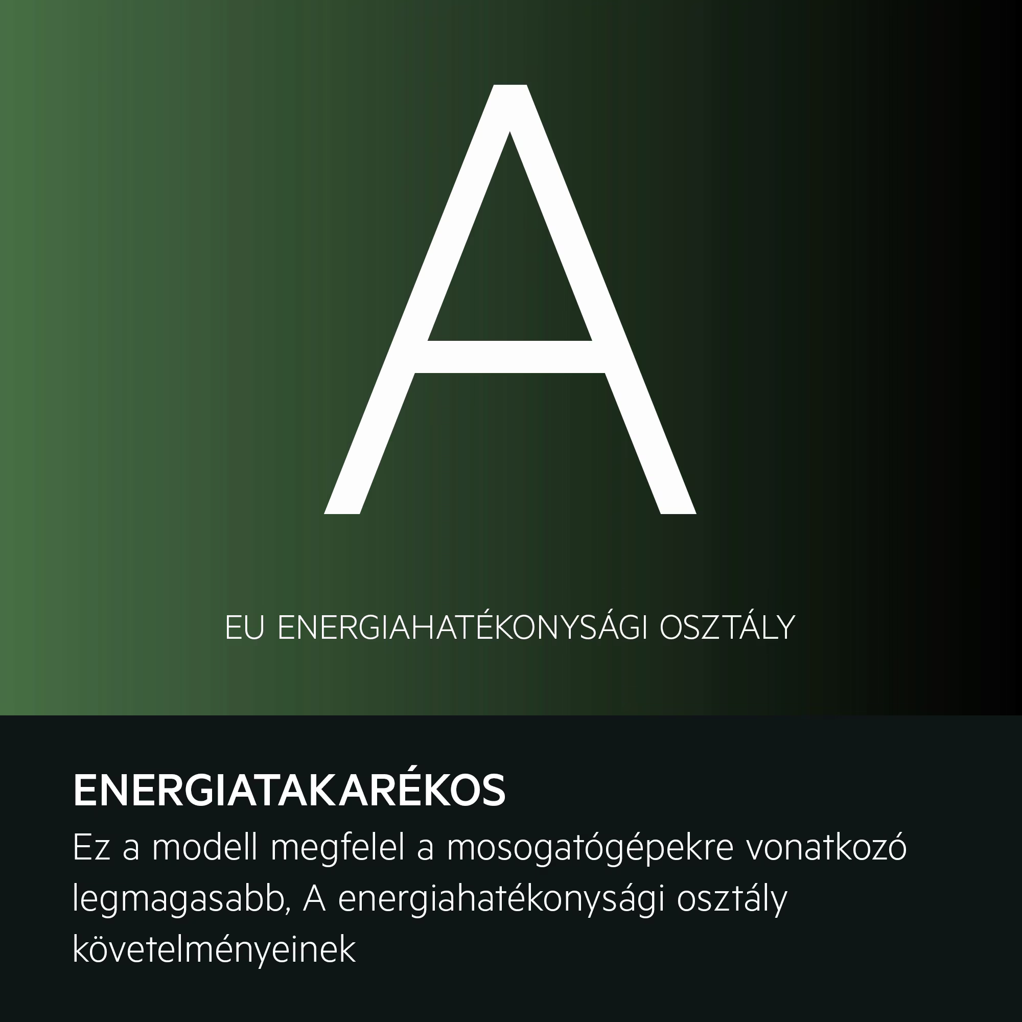 Nagy fehér 'A' zöld színátmeneten. EU ENERGIHATÉKONYSÁGI OSZTÁLY. Energiatakarékos.