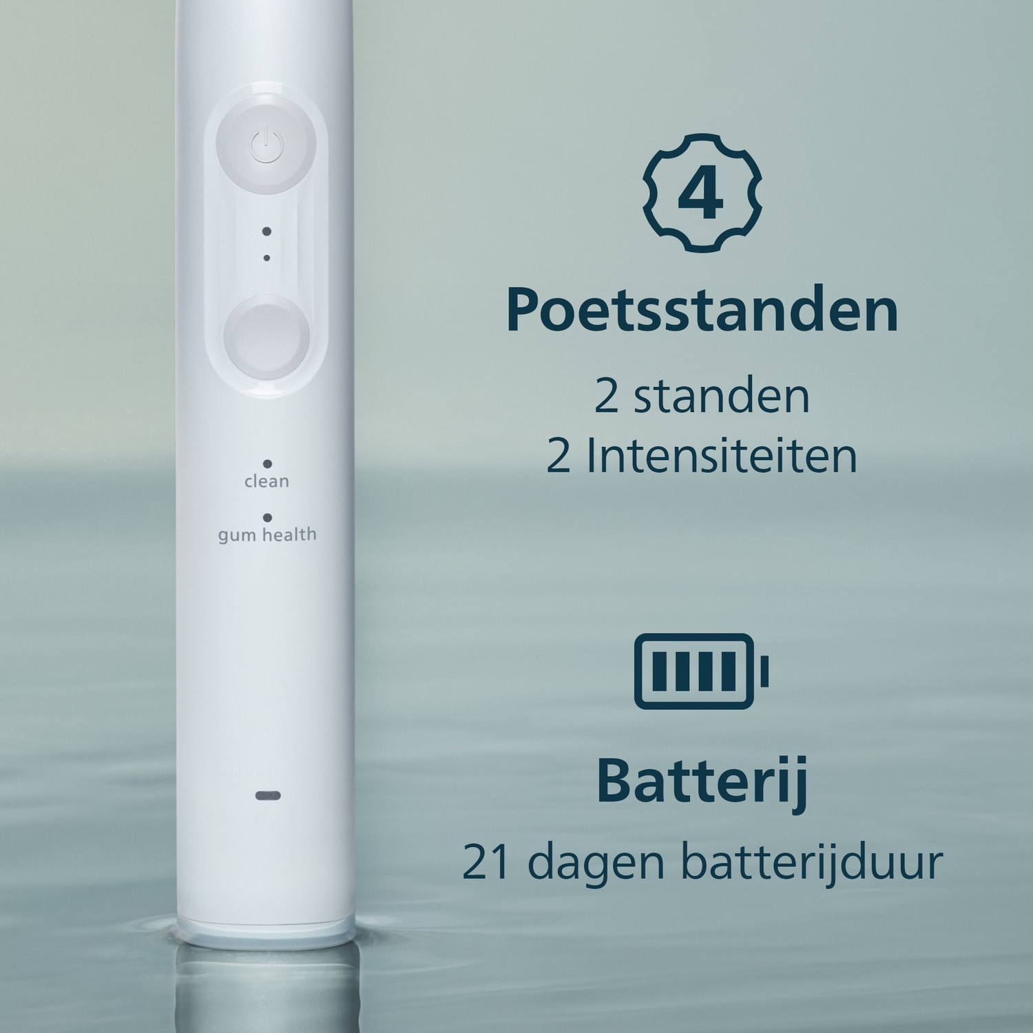 Witte tandenborstel met modi en batterij-indicator. 4 standen.