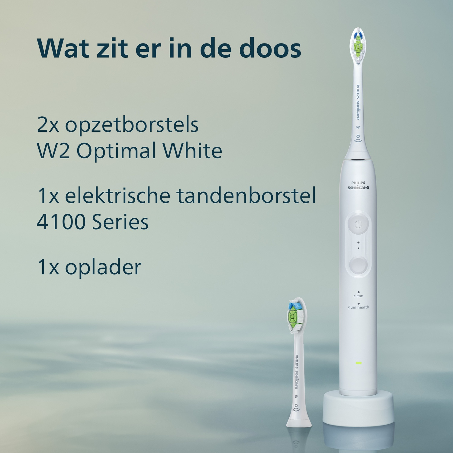 Inhoud van de doos: Elektrische tandenborstel, 2 opzetborstels, oplader.