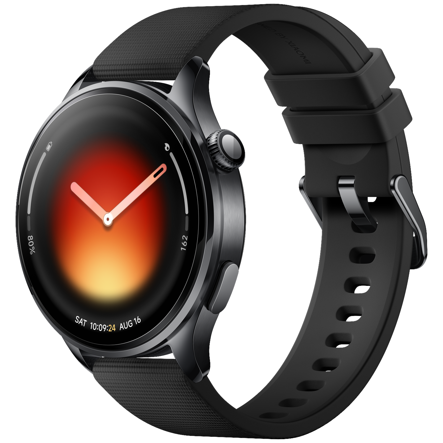 Een zwarte smartwatch met zilveren wijzerplaat en rode accenten.