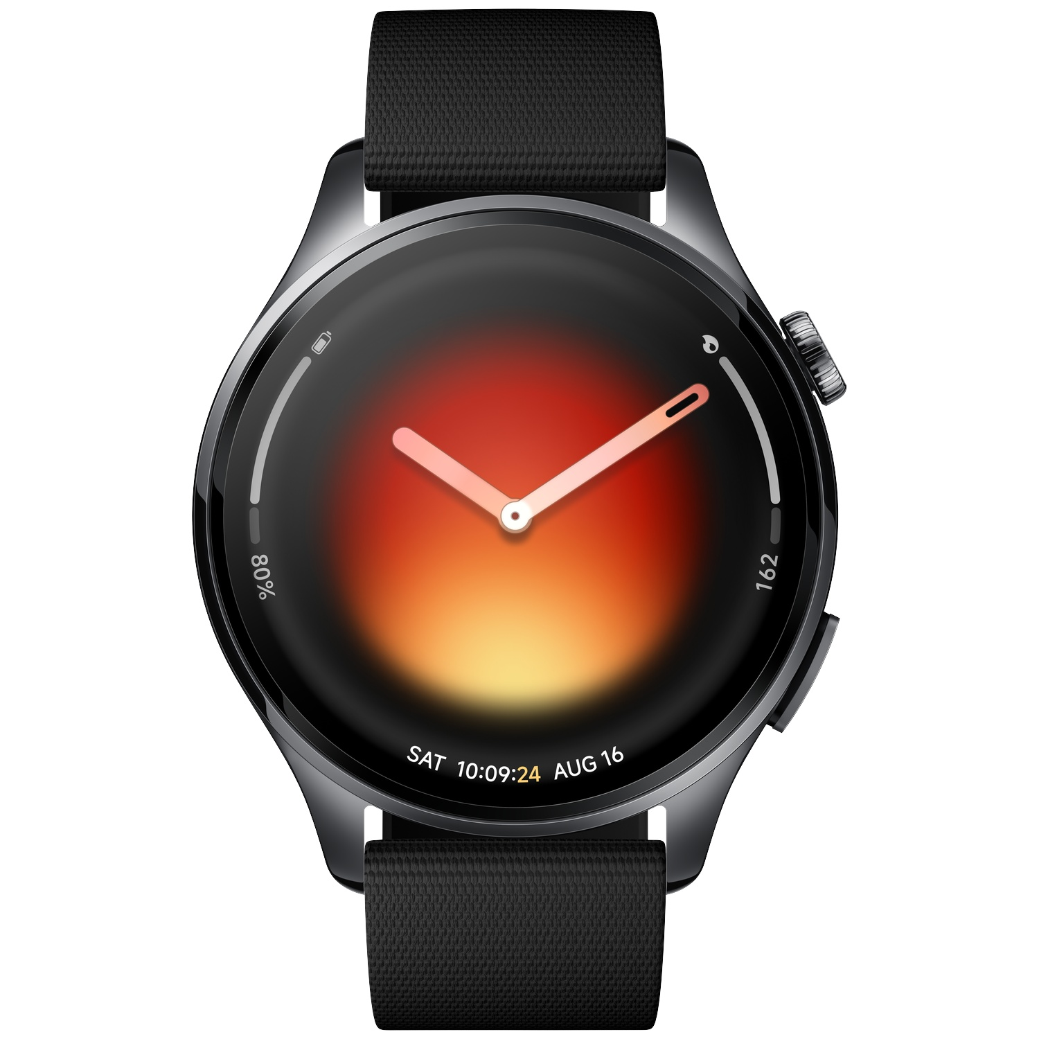 Zwarte smartwatch met gradiëntdisplay, met datum en tijd.