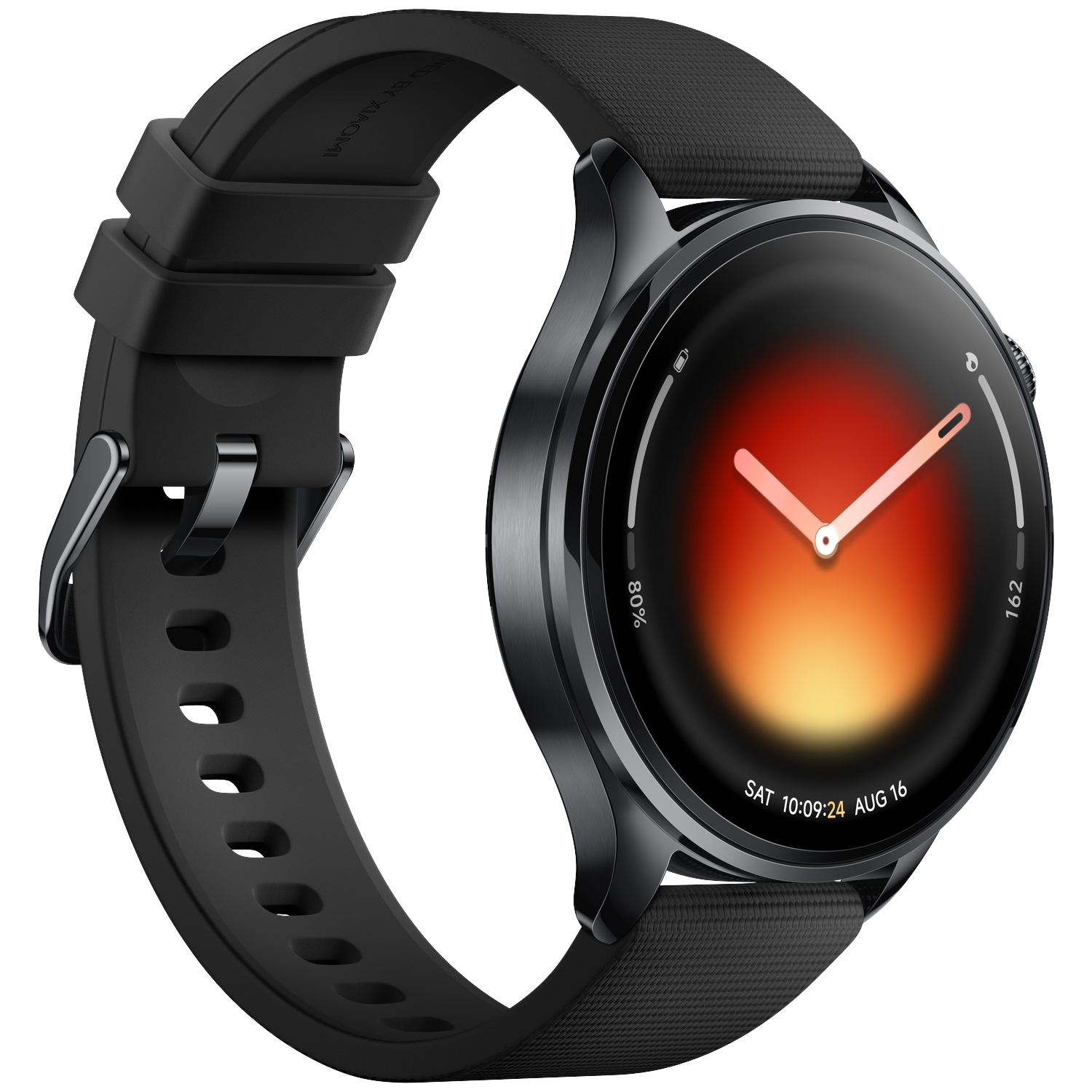 Zwarte smartwatch met rond display dat tijd en datum toont.