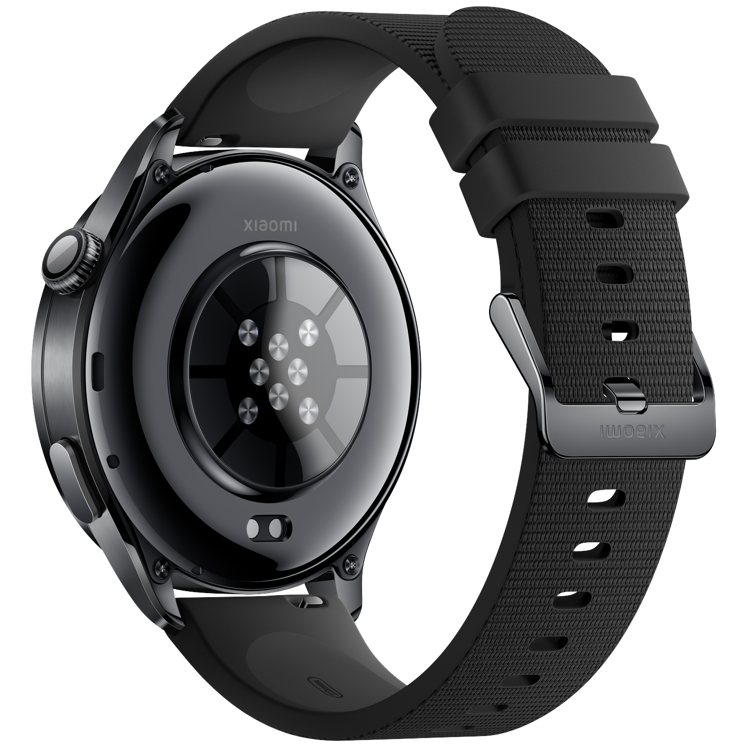 Achterkant van een zwarte smartwatch met Xiaomi-logo en oplaadcontacten.