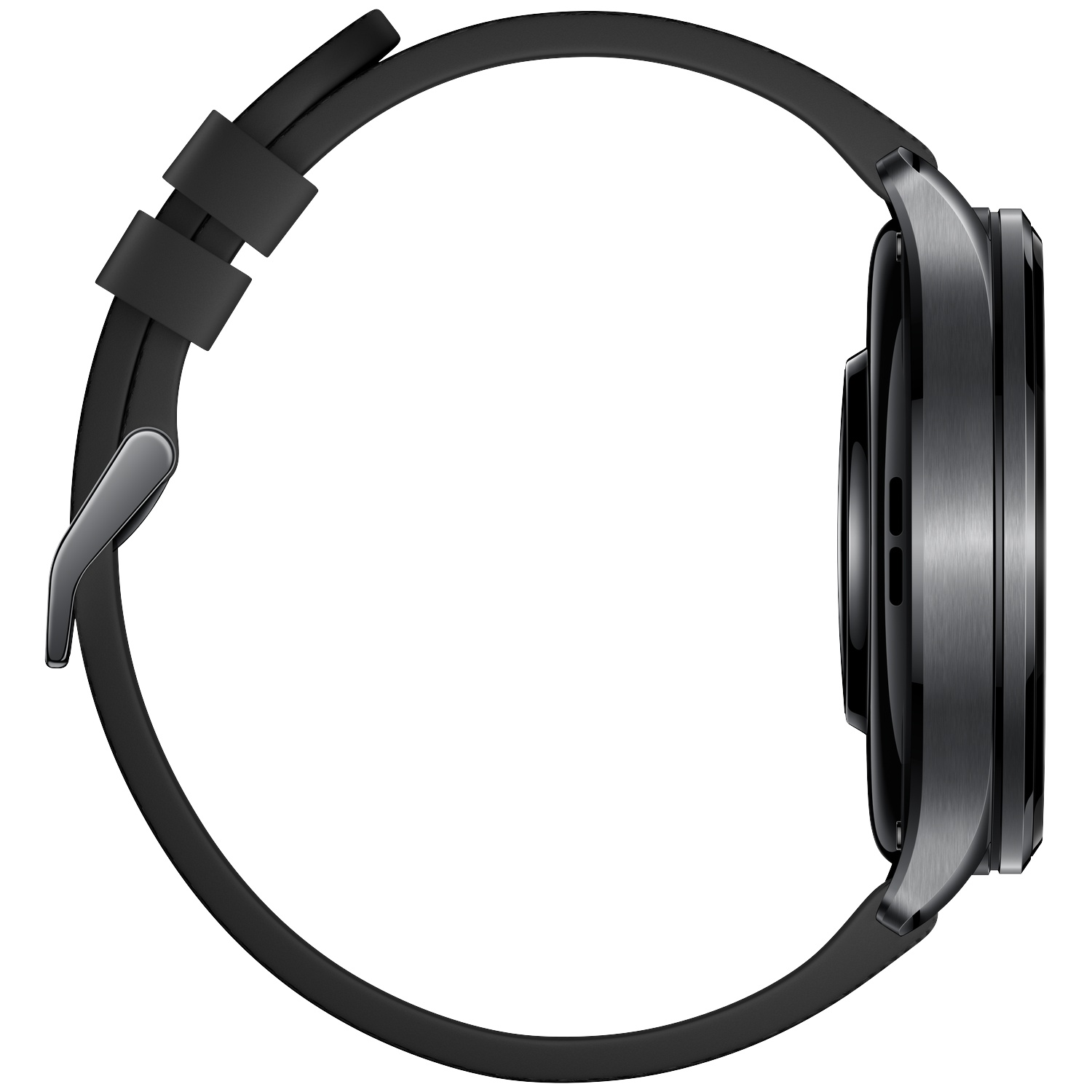 Zwarte smartwatch met metalen behuizing en siliconen band, zijaanzicht.