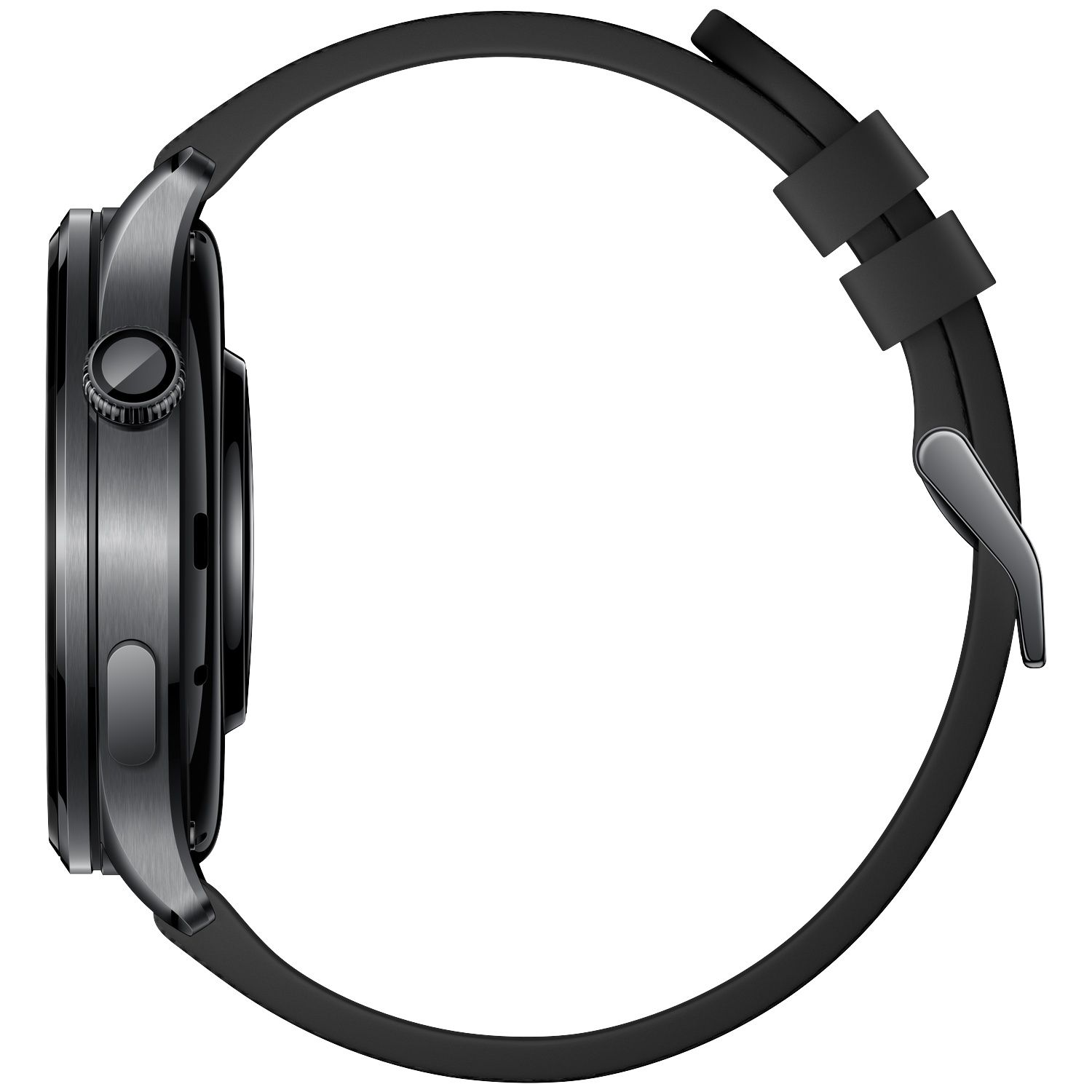 Zijaanzicht van een zwarte smartwatch met metalen behuizing en zwarte band.