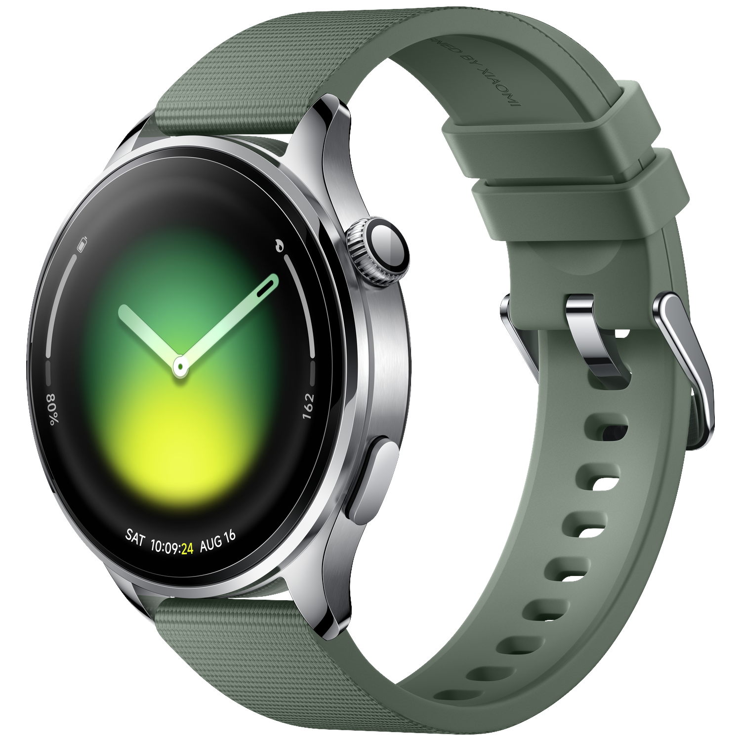 Een groene smartwatch met zilveren kast en een digitaal scherm met tijd en datum.