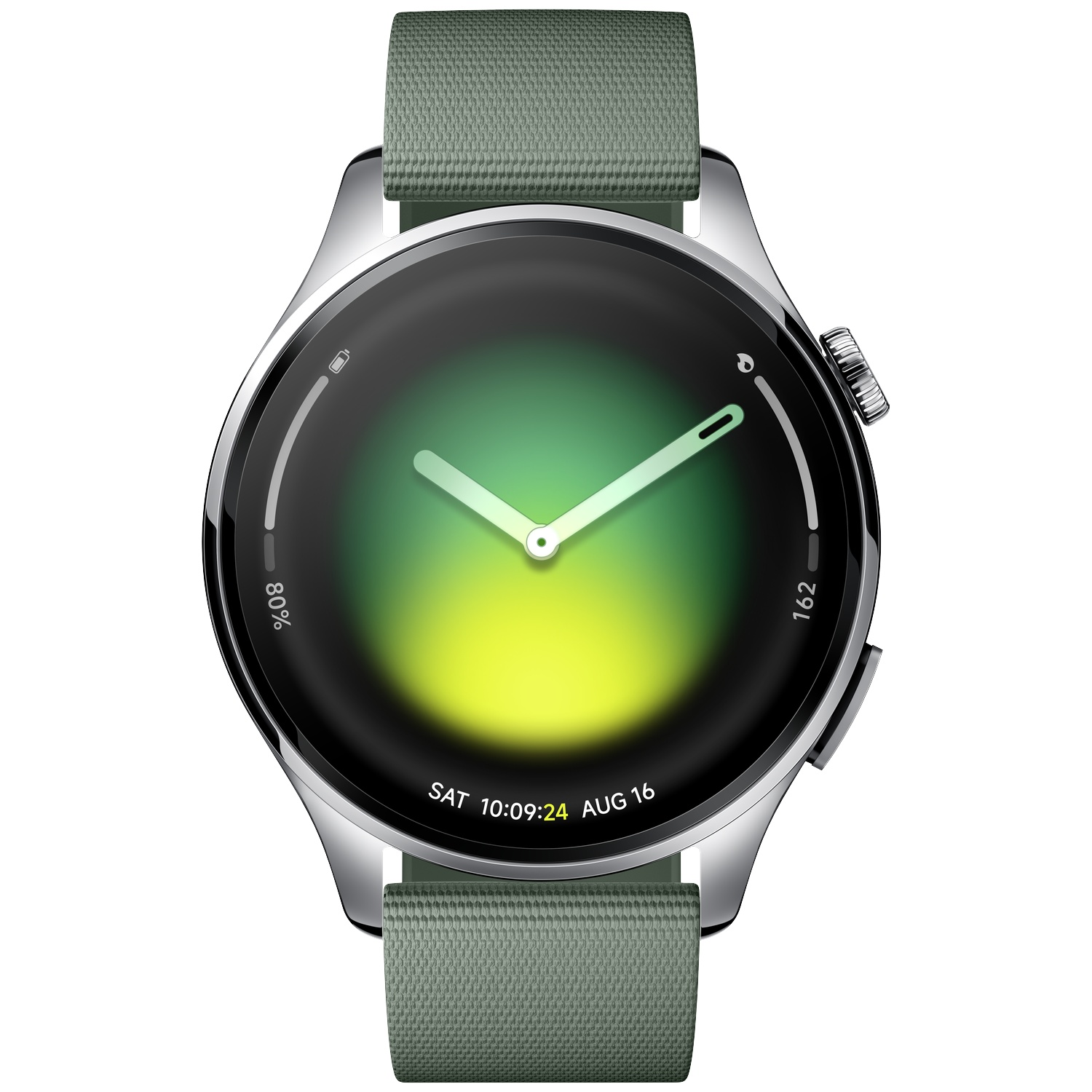 Een groene smartwatch met zilveren kast en wijzerplaat die de tijd toont.