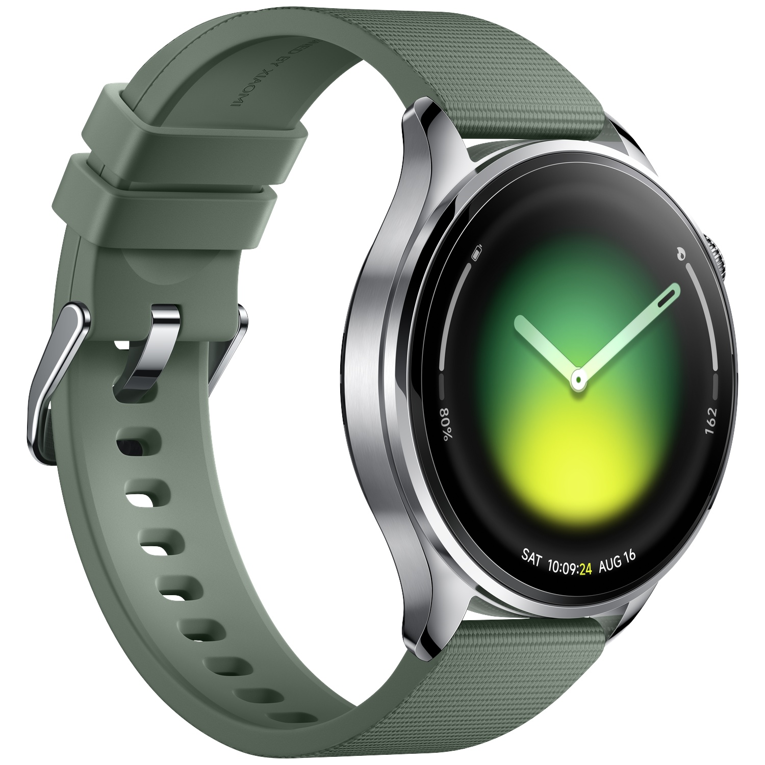 Een groene smartwatch met zilveren kast en digitaal display.