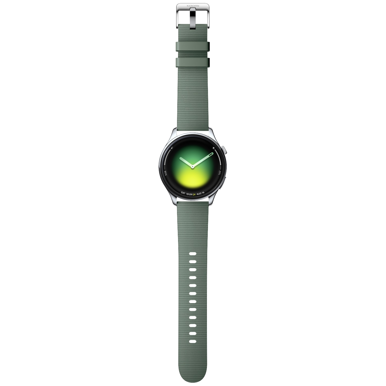 Een groene smartwatch met zilveren kast en een wijzerplaat met groene en gele accenten.