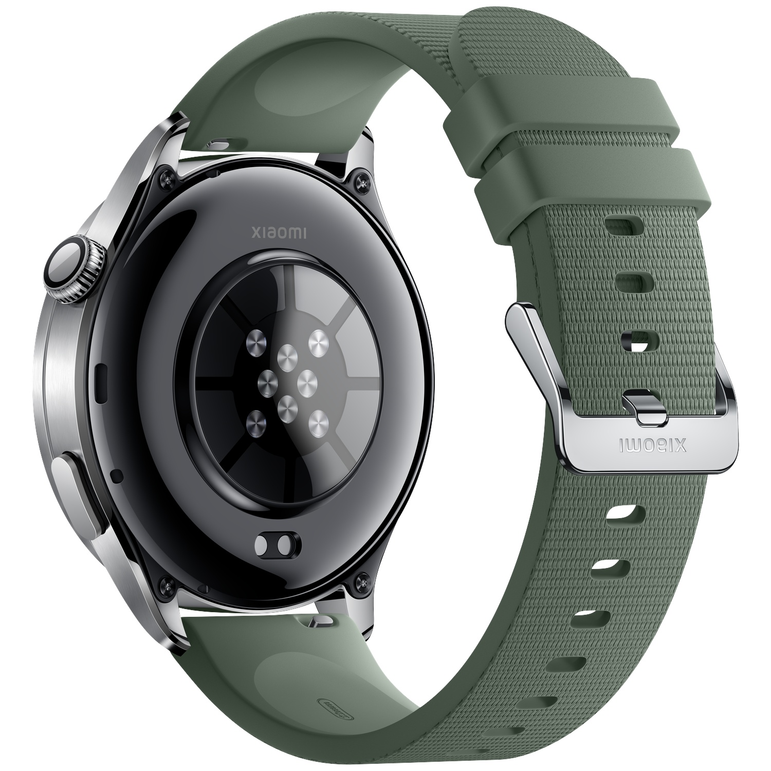 Achterkant van een smartwatch met groen siliconen bandje en Xiaomi-logo.