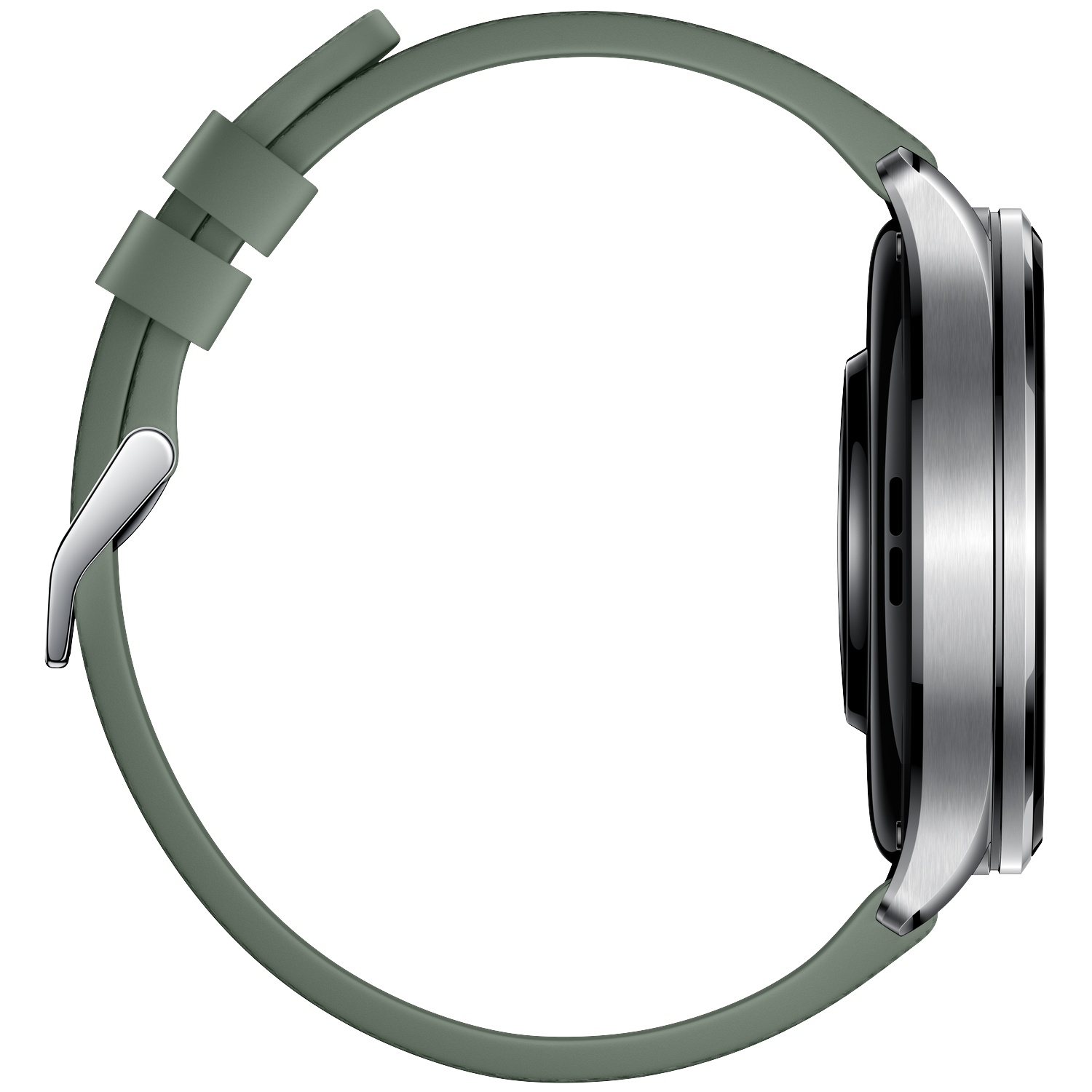 Zijaanzicht van een groene smartwatch met zilveren kast en metalen gesp.