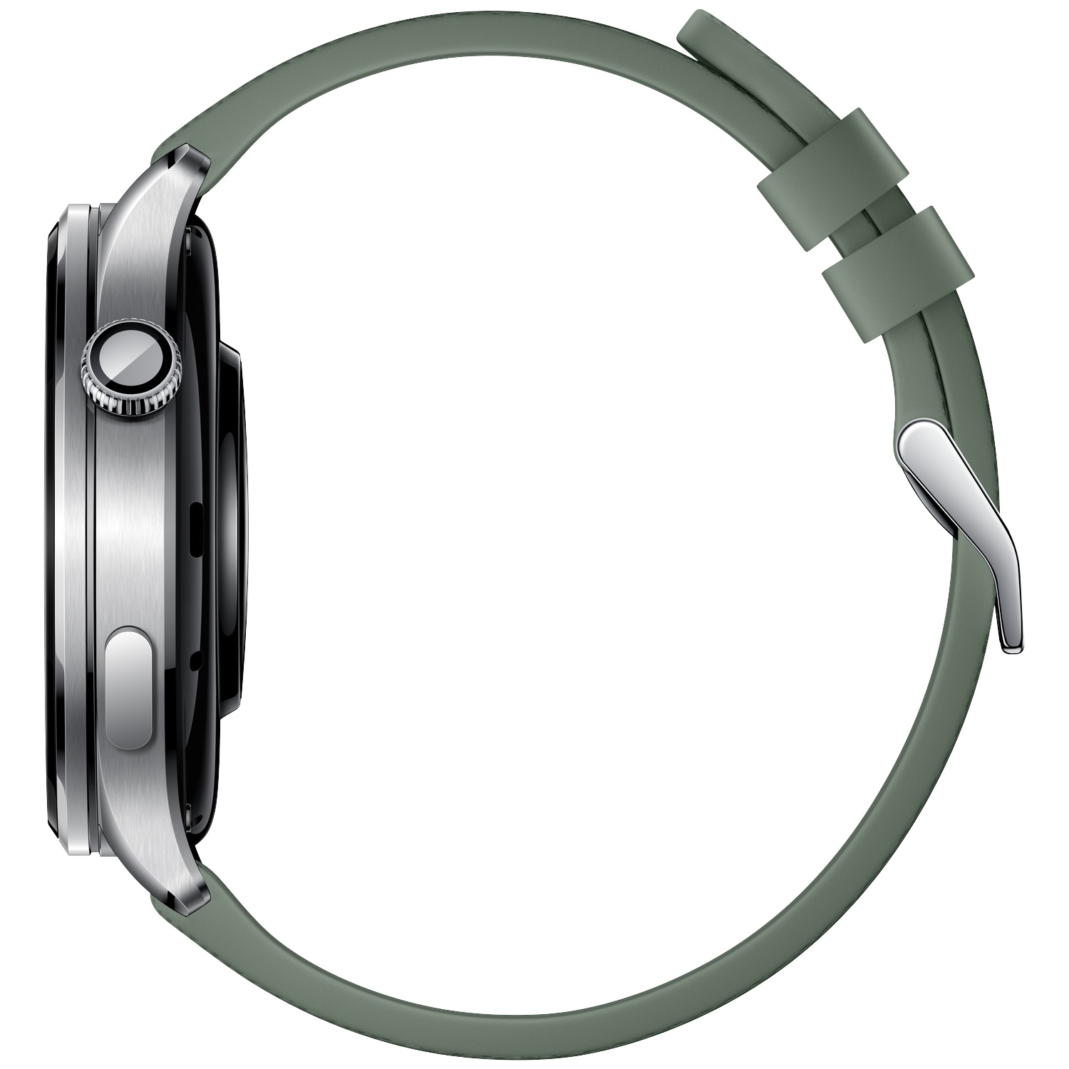 Zilverkleurig smartwatch met groen bandje, zijaanzicht.