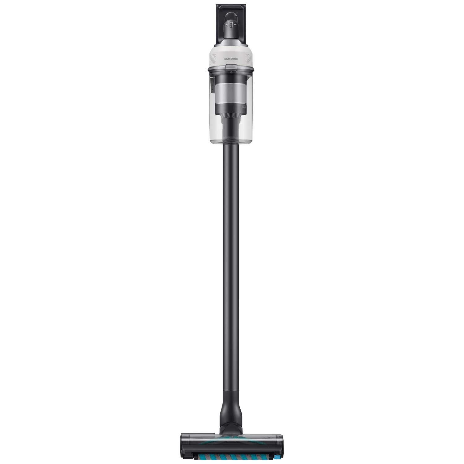 A sleek, cordless Samsung vacuum cleaner with a silver dustbin and black handle.