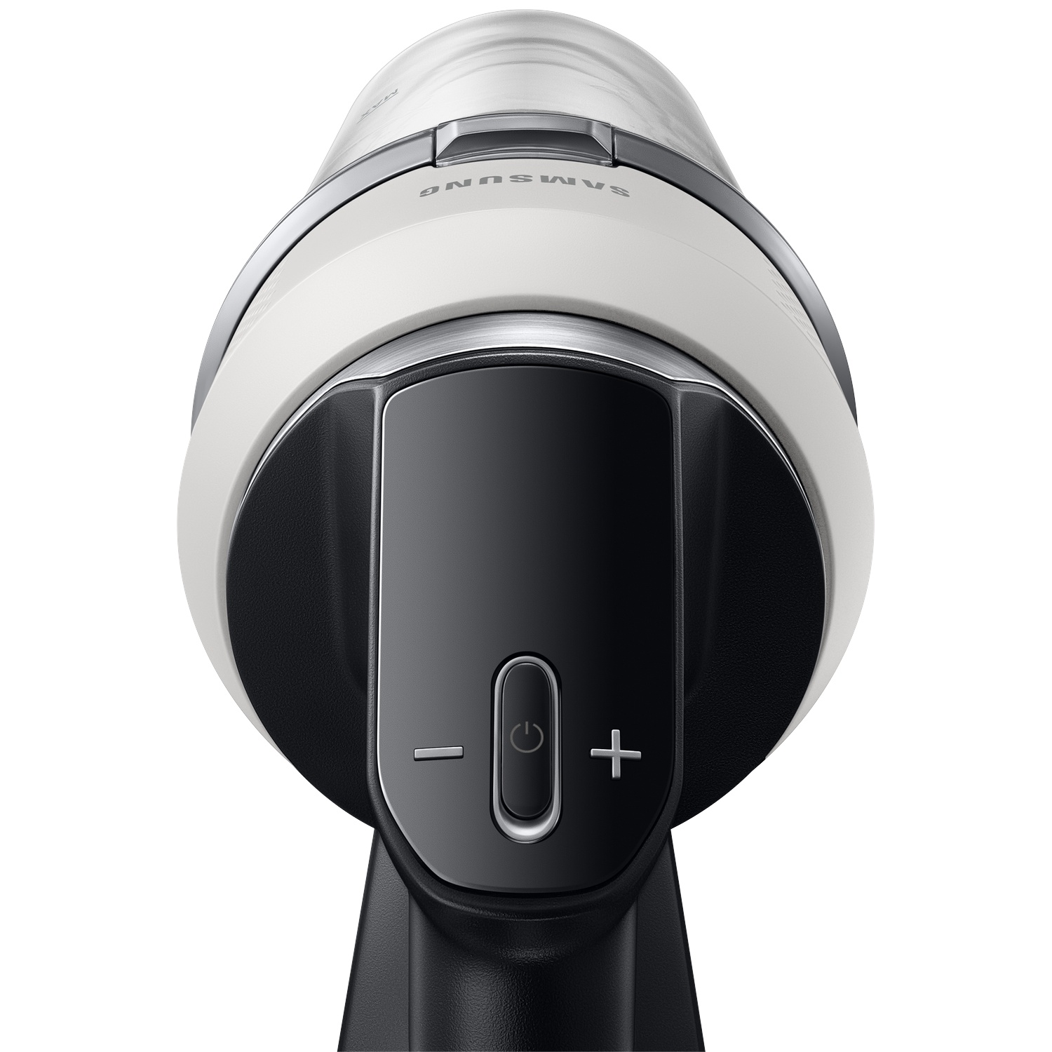 Close-up of a white and black vacuum cleaner handle with power button and plus/minus icons.