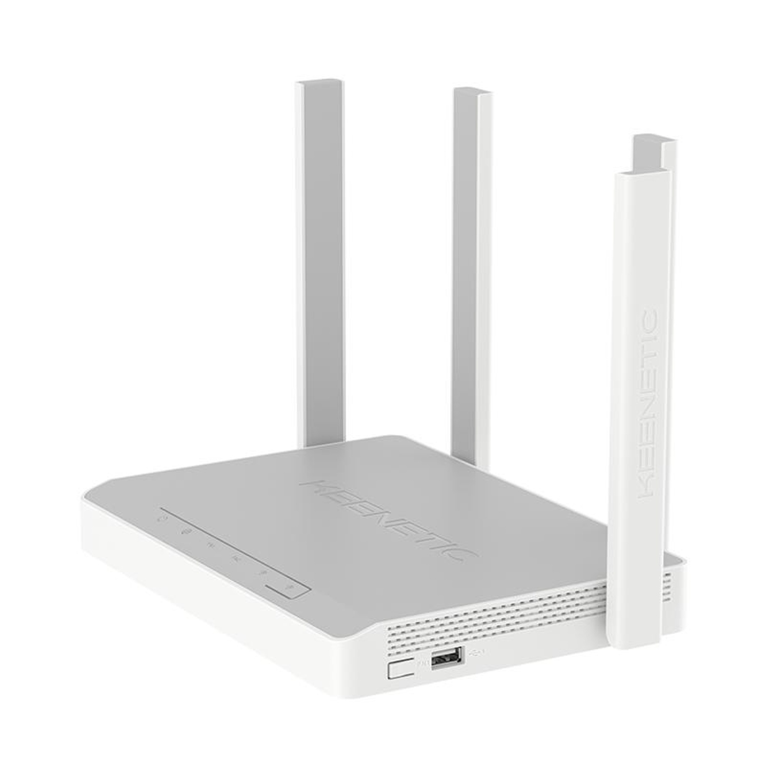 Un router bianco con tre antenne e logo KEENETIC. Porta USB sul davanti.