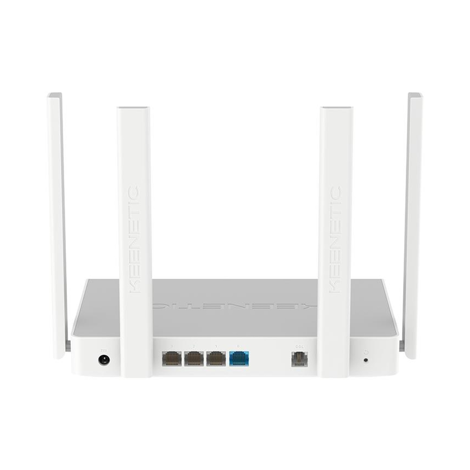 Un router Keenetic bianco con quattro antenne e porte Ethernet.