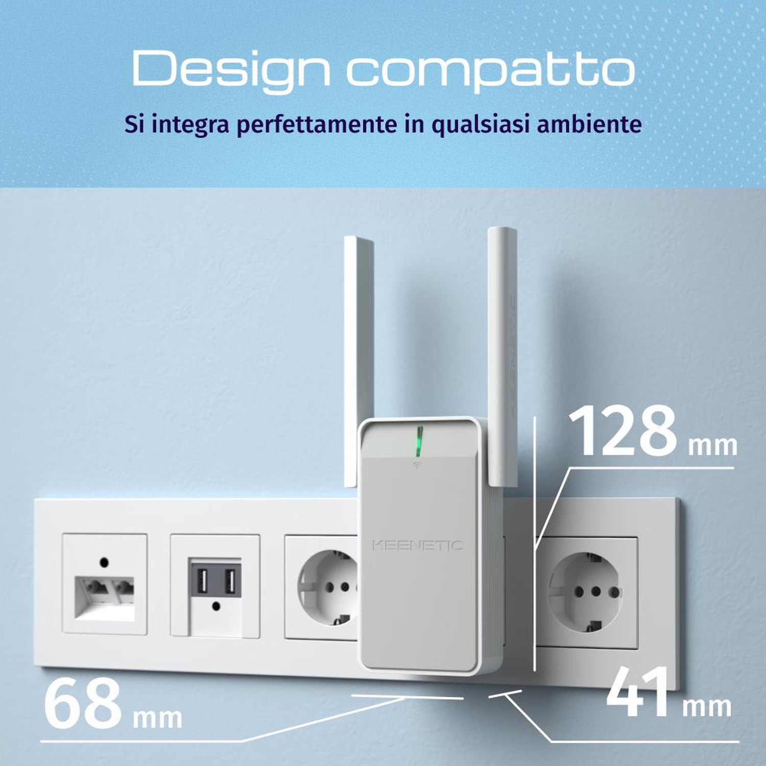 Un router Wi-Fi bianco con antenne inserito in una presa a muro accanto ad altre prese.