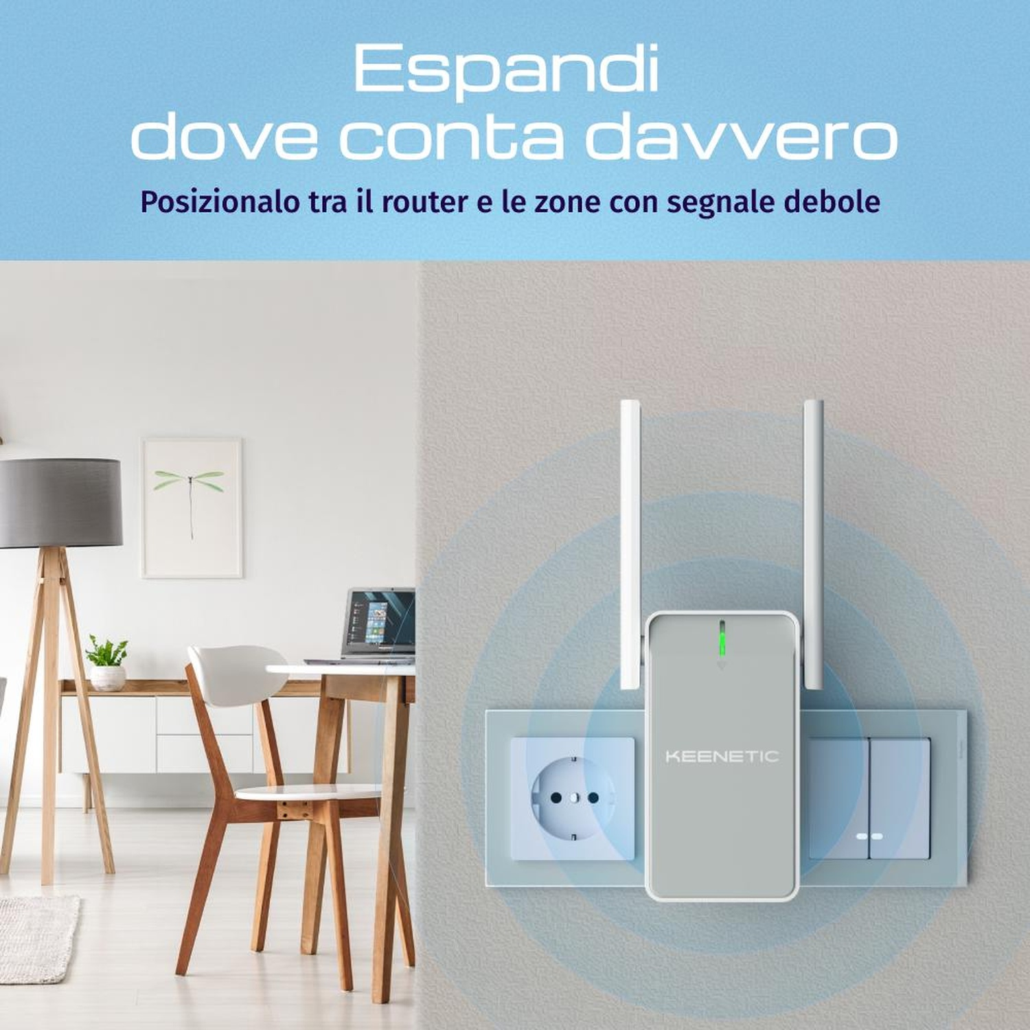 Un ripetitore WiFi Keenetic inserito in una presa accanto a interruttori.