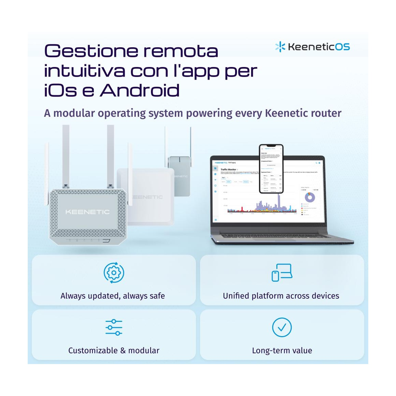 Router Keenetic con laptop e telefono che mostrano l'interfaccia KeeneticOS.