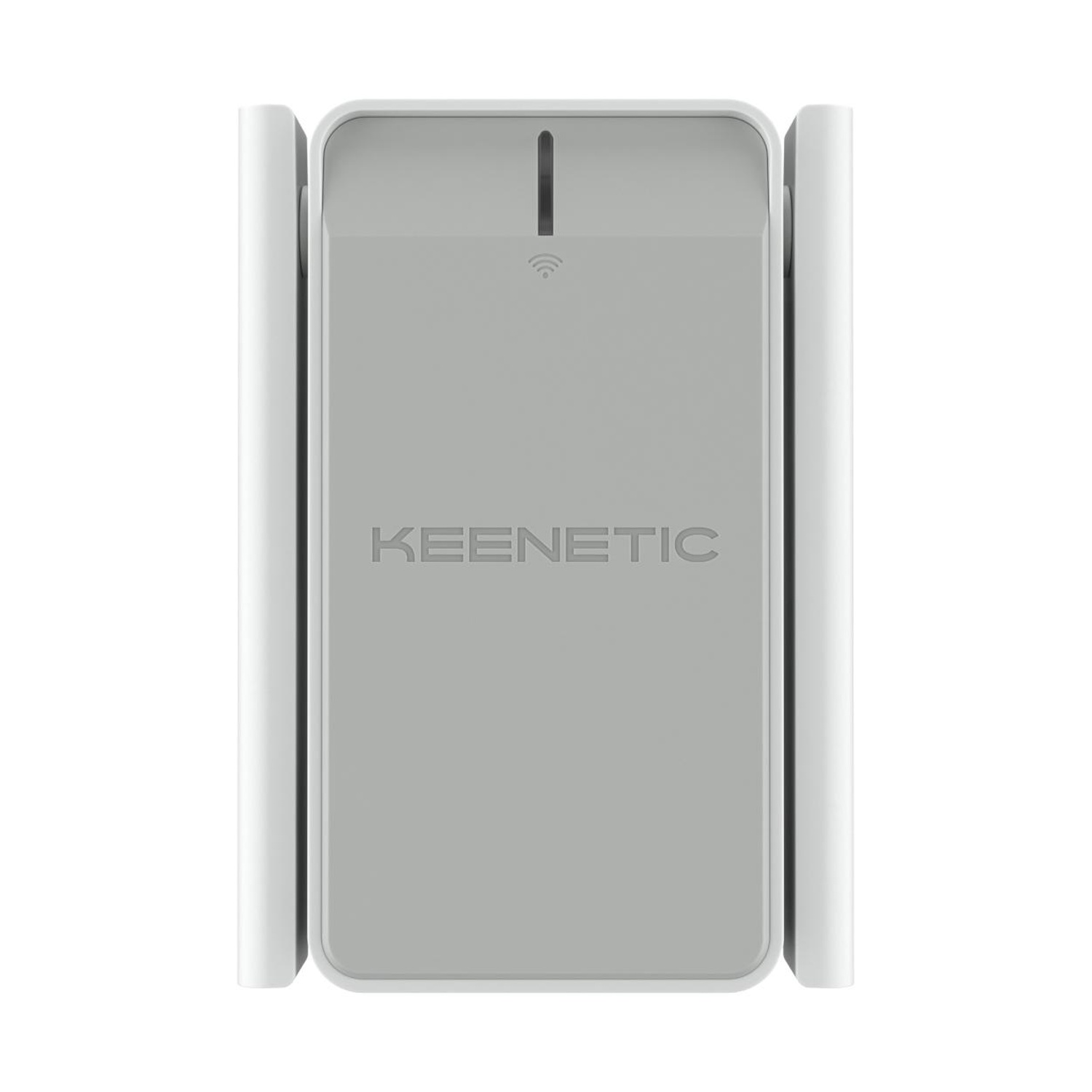 Un router Keenetic grigio con lati bianchi, su sfondo bianco.