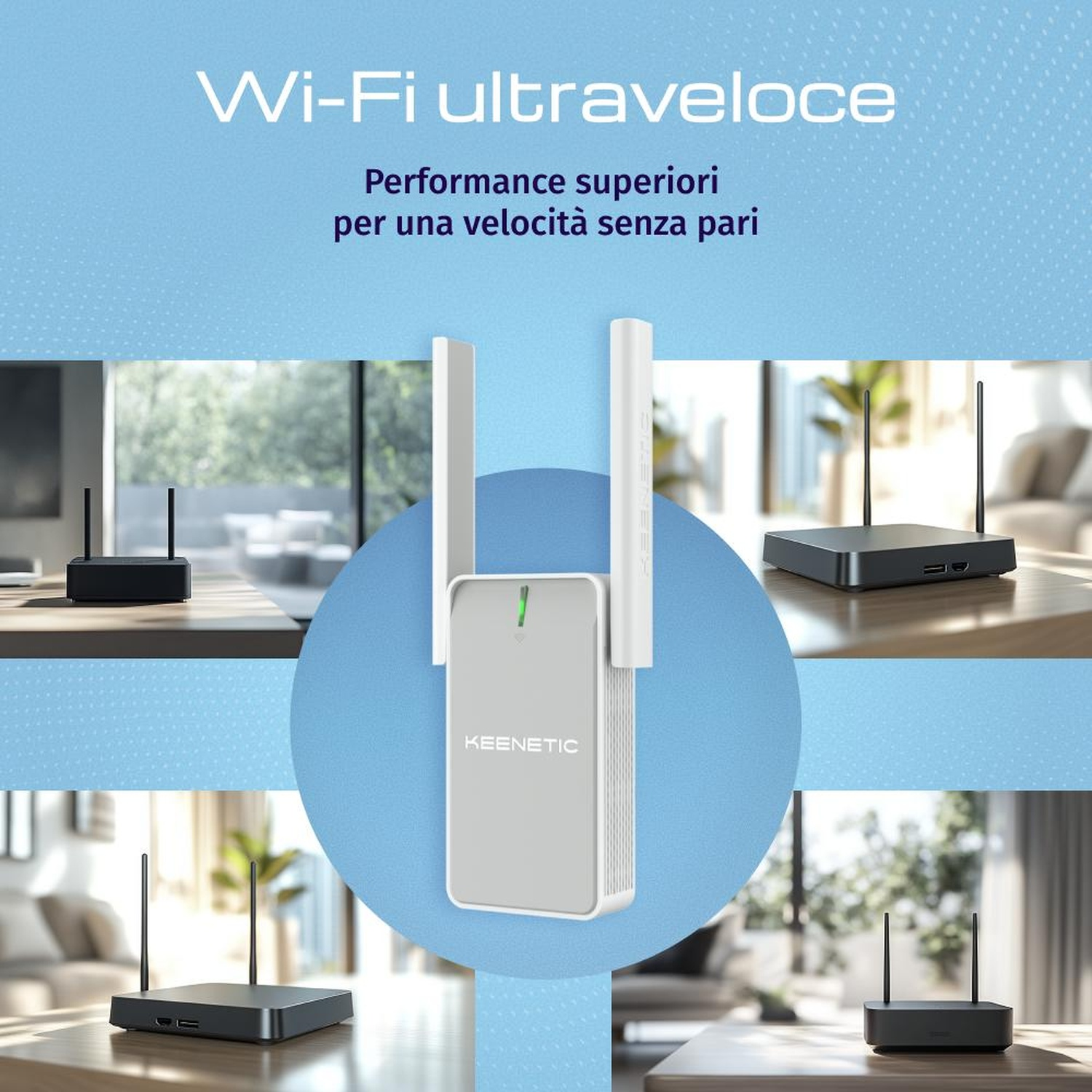 Dispositivo Wi-Fi compatto con antenne, circondato da router su tavoli di legno.
