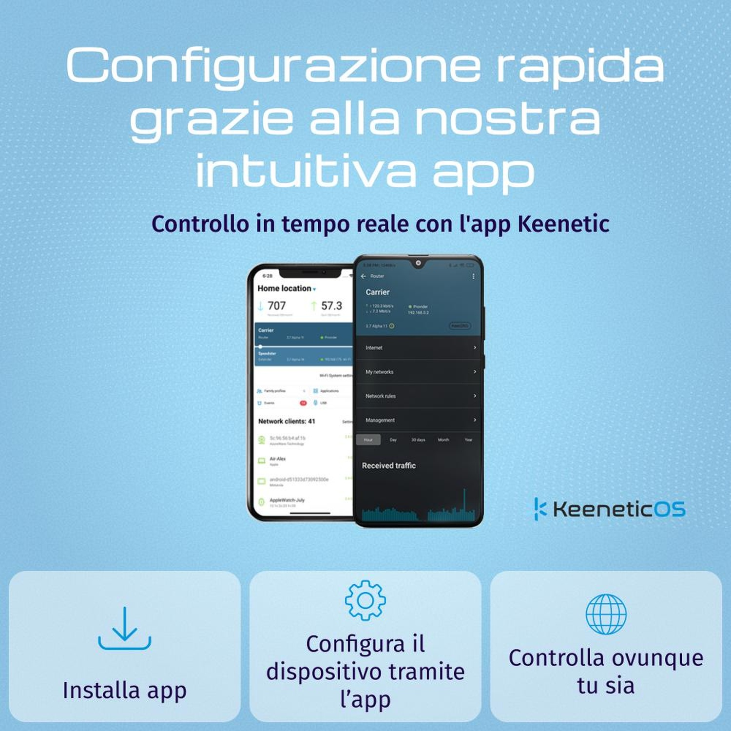 Configurazione rapida con l'app Keenetic. Controlla la tua rete da ovunque.
