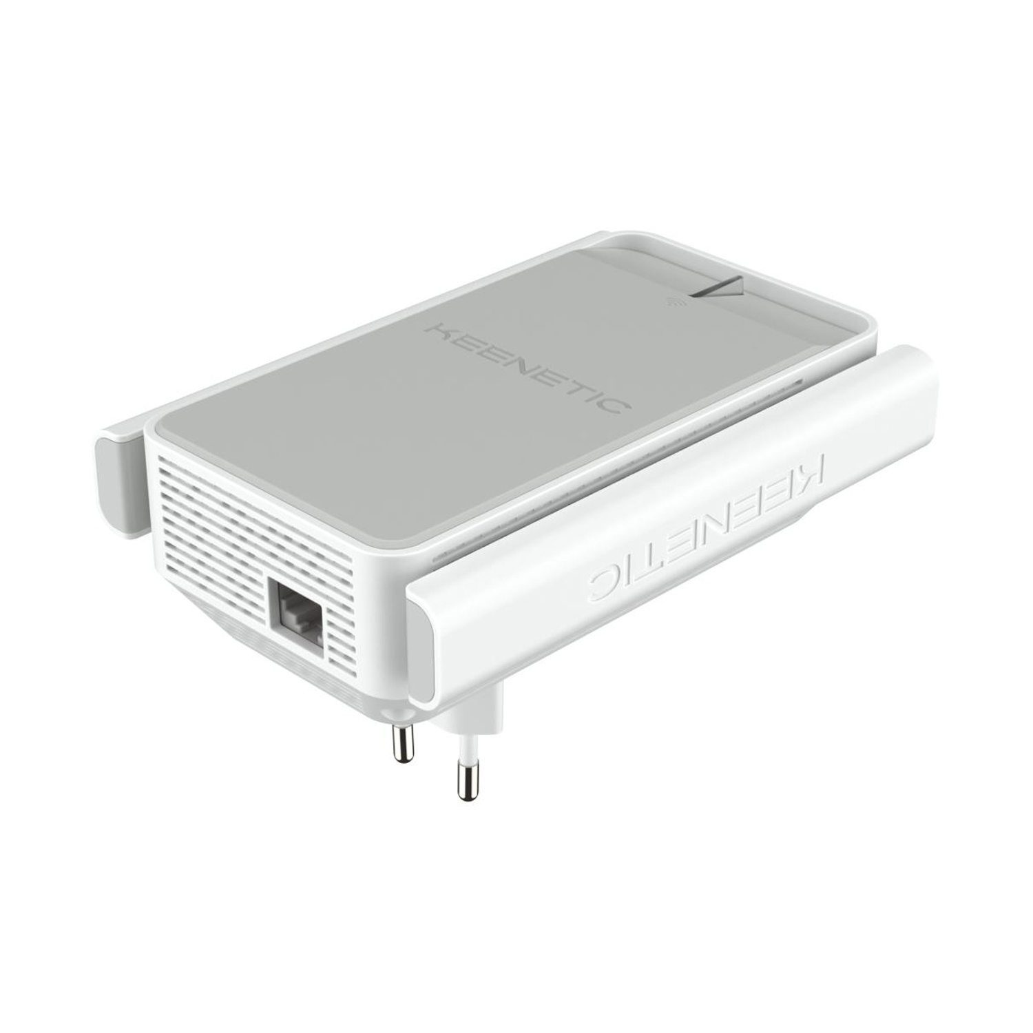 Router Keenetic bianco con parte superiore grigia e porta Ethernet.
