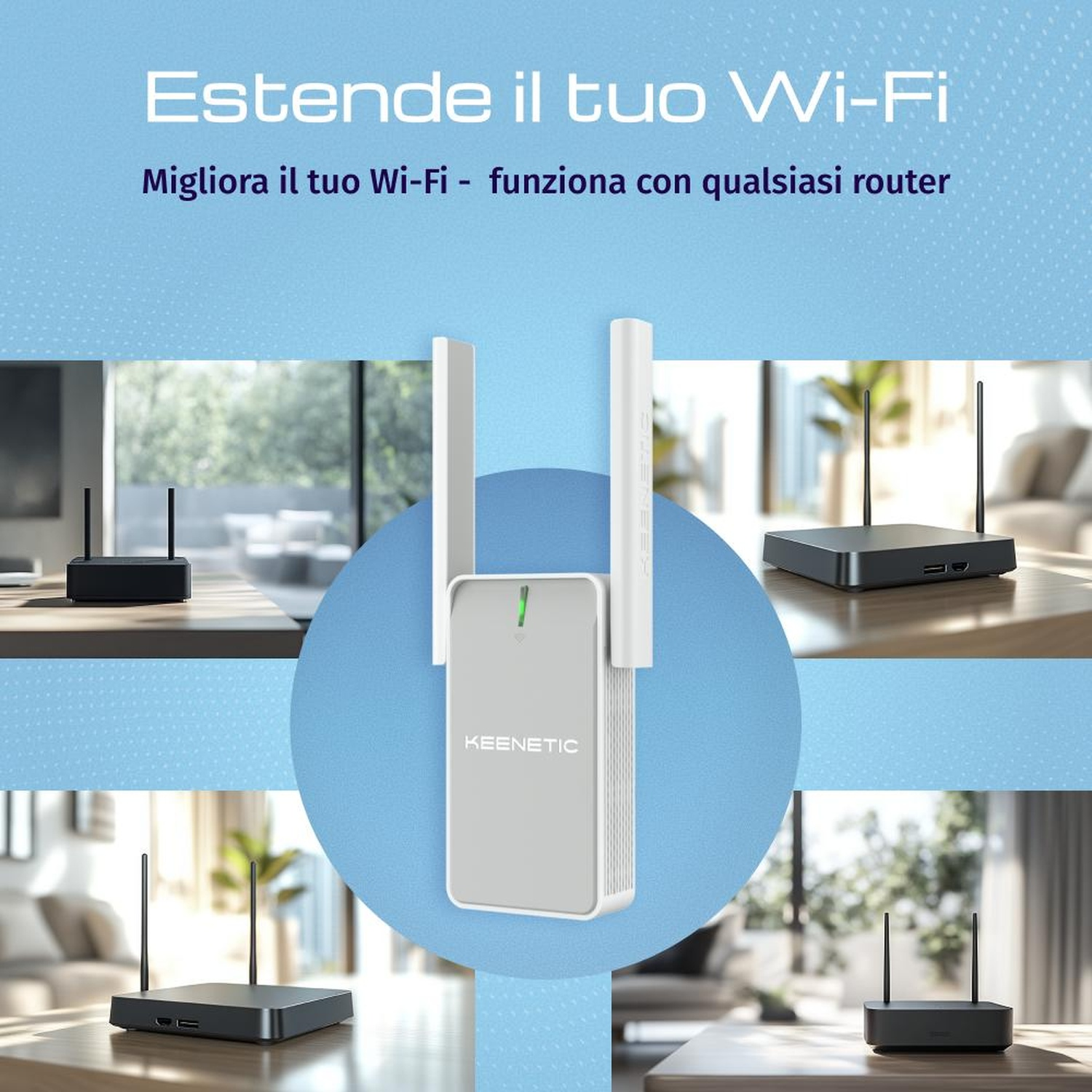 Un estensore Wi-Fi KEENETIC con antenne e un router su un tavolo.