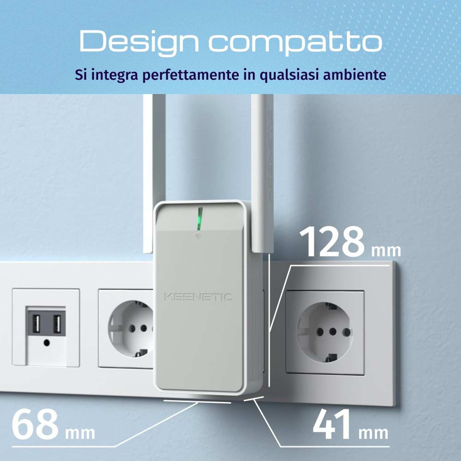 Un router Keenetic bianco inserito in una presa a muro, con dimensioni.