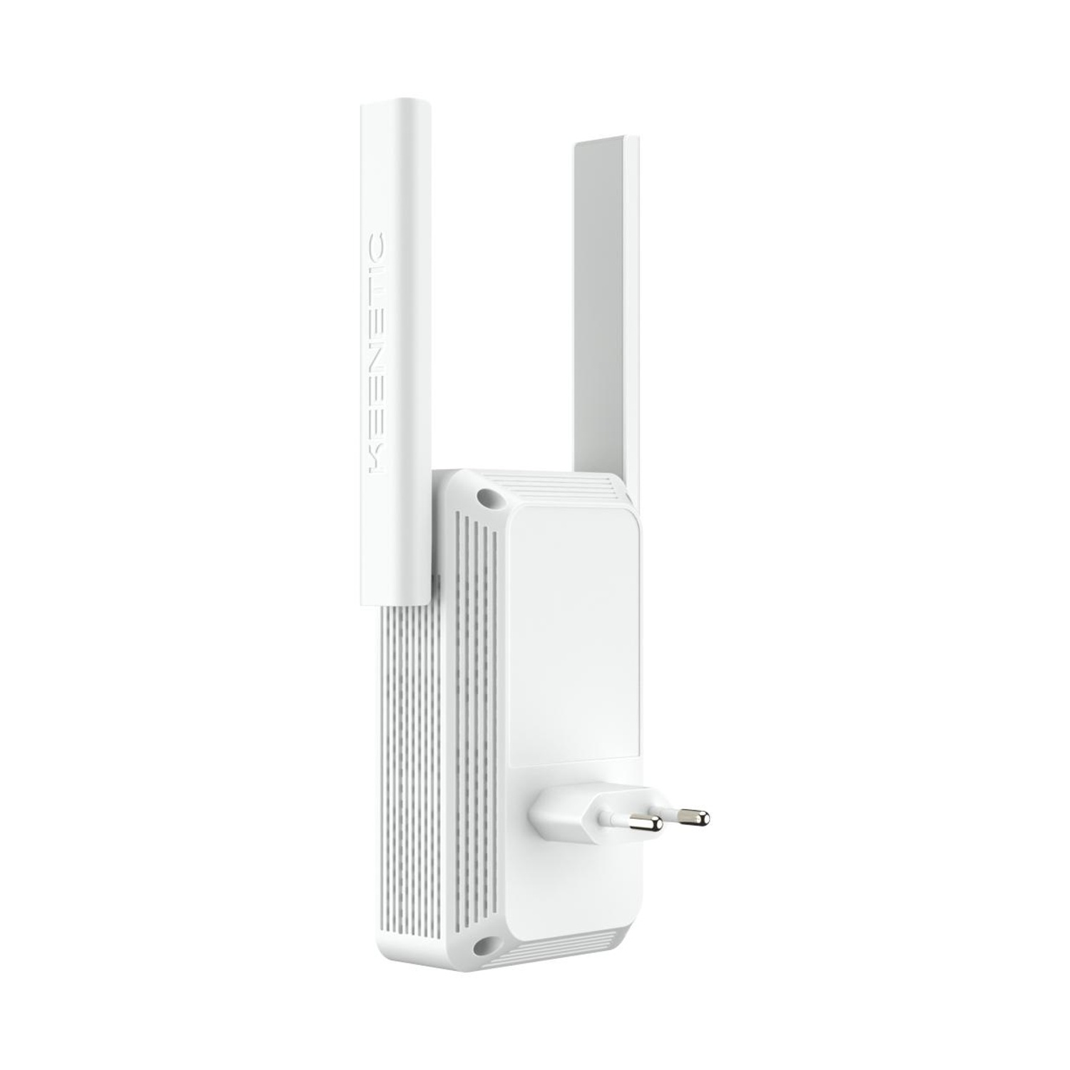 Un ripetitore Wi-Fi bianco con due antenne e una spina.
