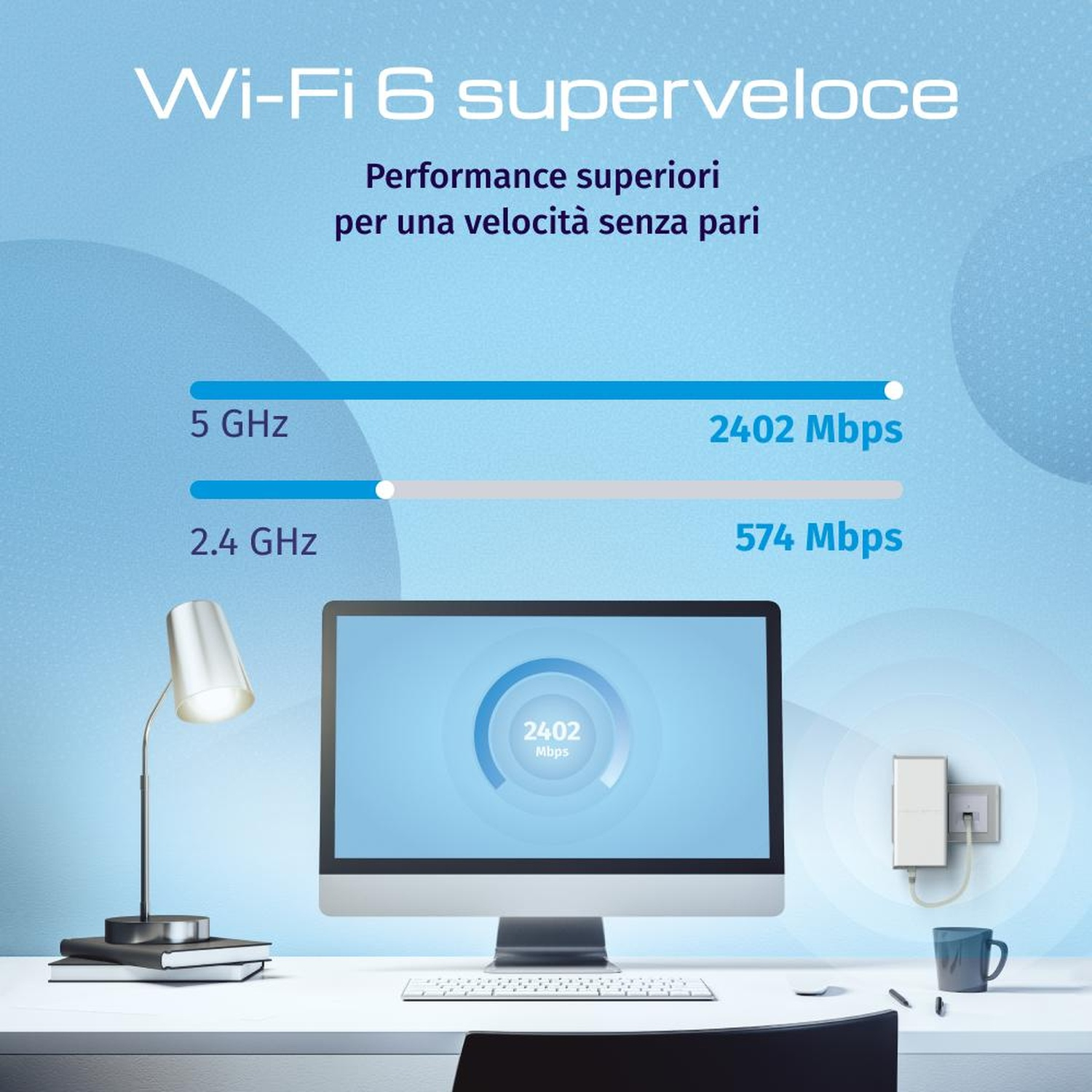 Una scrivania con un monitor che mostra 2402 Mbps. Velocità Wi-Fi 6.