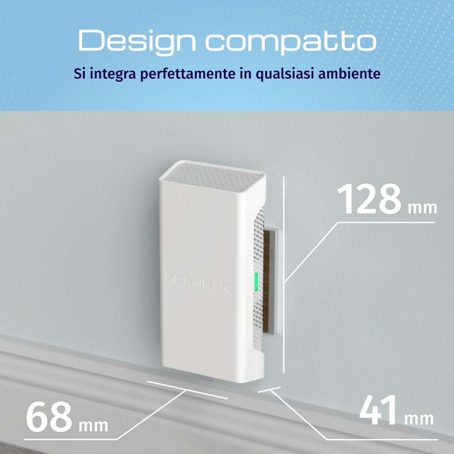 Design compatto: 128x68x41mm, si integra in ogni ambiente.