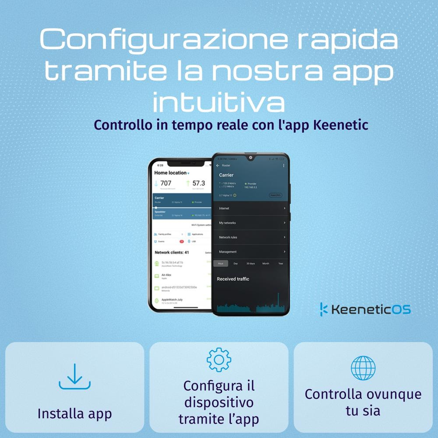 Screenshot di un'app per la configurazione del router con logo KeeneticOS.
