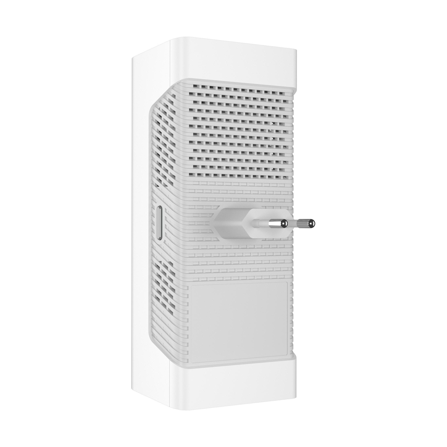 Una spina bianca rettangolare con fessure di ventilazione e una porta USB visibile.