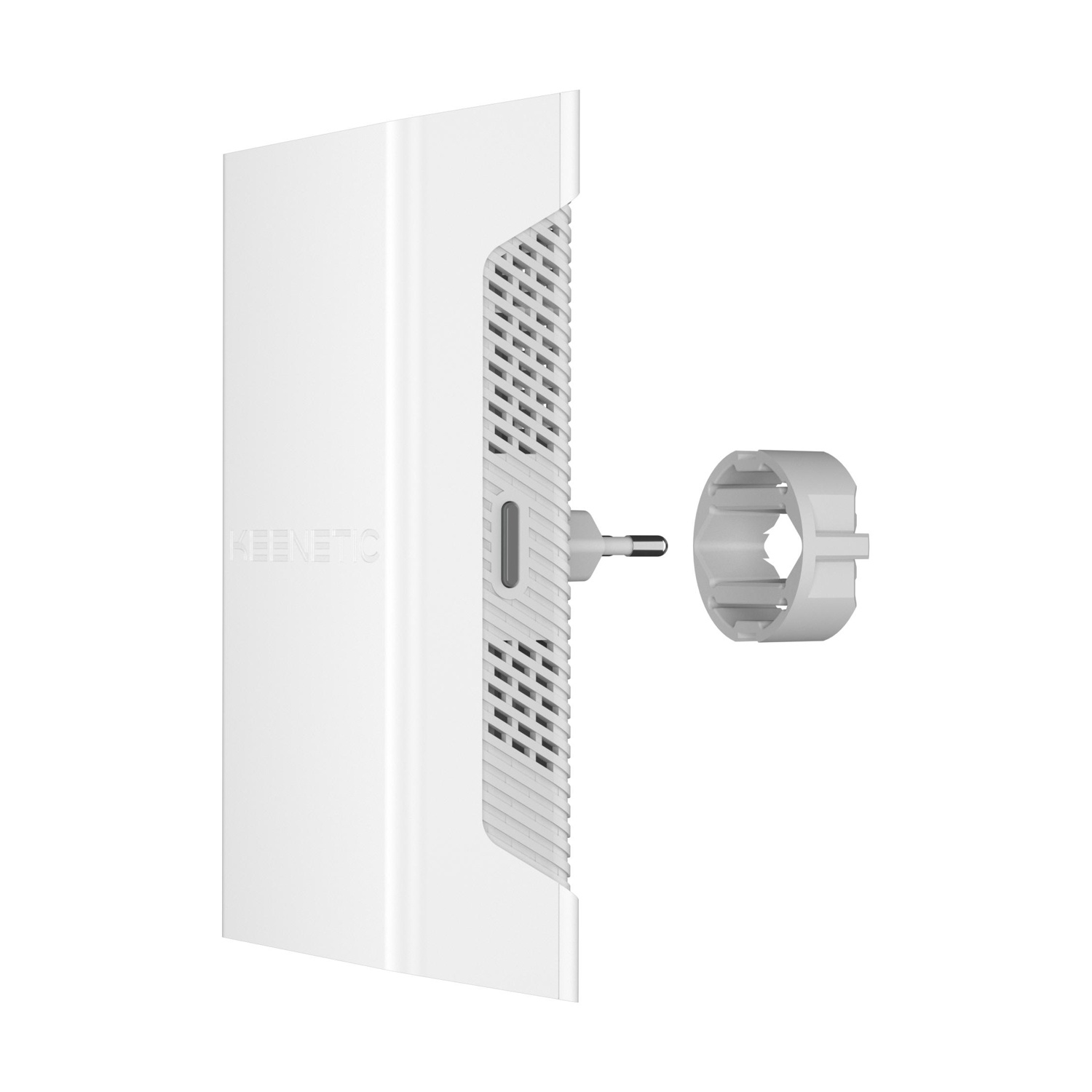 Un dispositivo Keenetic bianco con prese d'aria e un anello di montaggio separato.