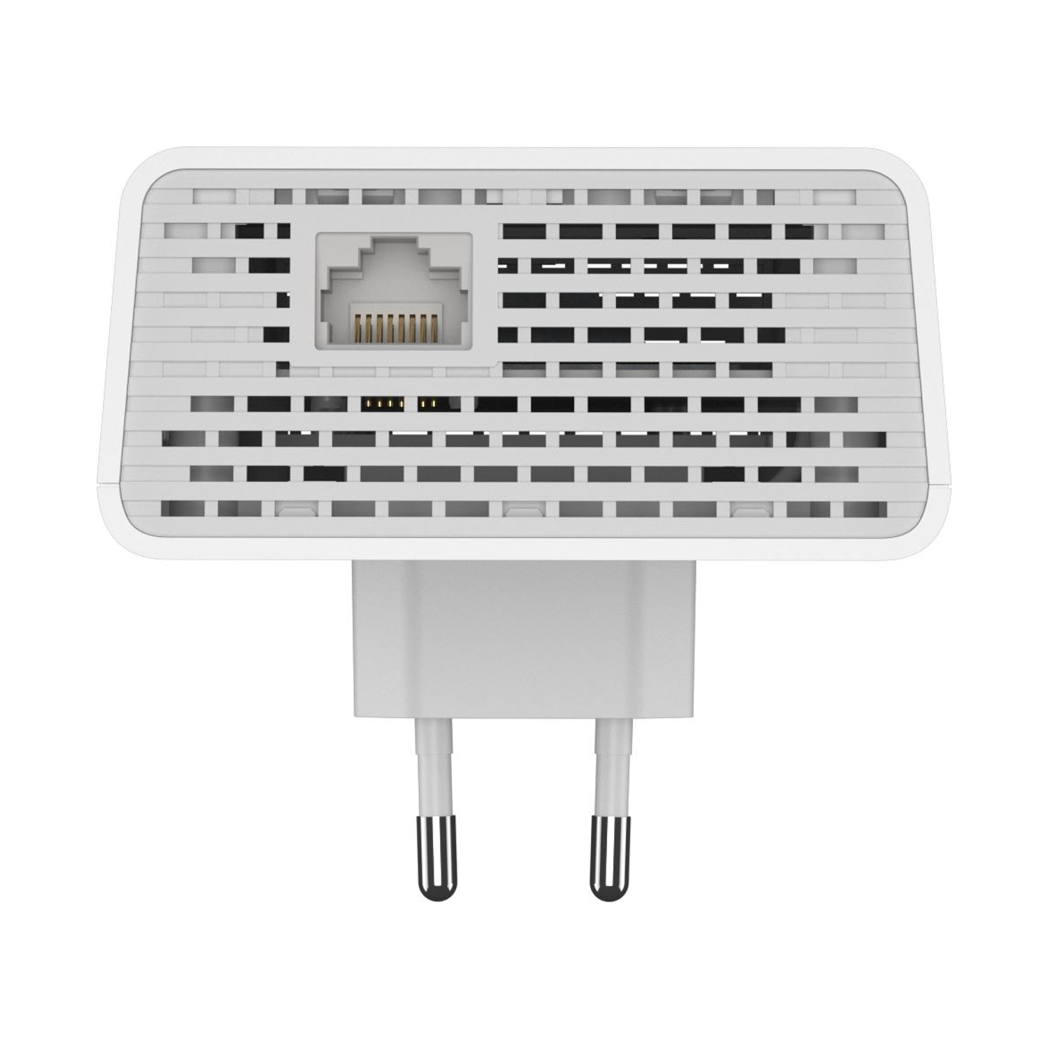Un ripetitore WiFi bianco con porta Ethernet e spina.