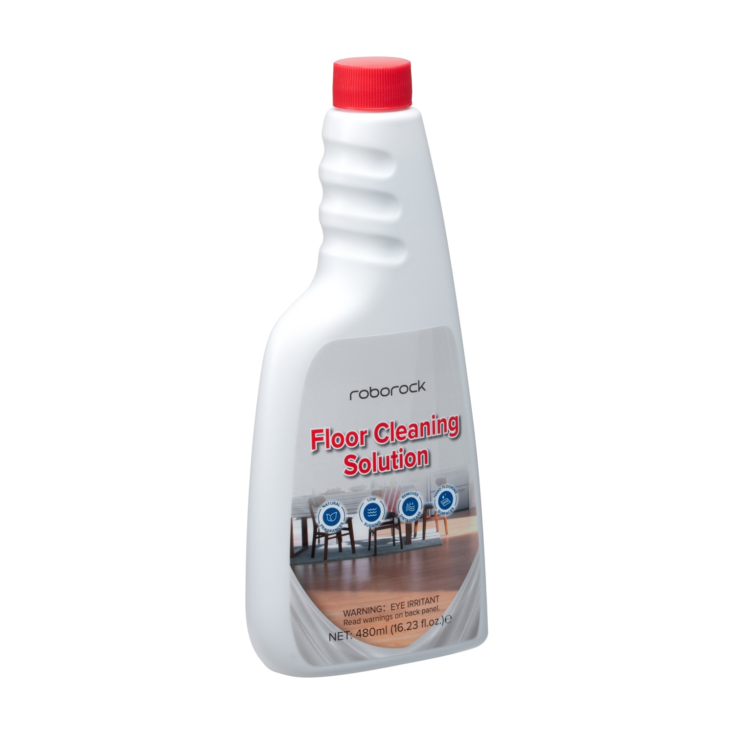 Flacone bianco con tappo rosso, detergente per pavimenti con immagini di pavimenti in legno.