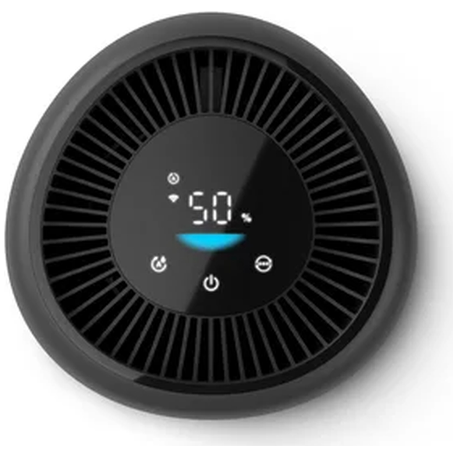 Black air purifier with vents and a digital display showing '50'.