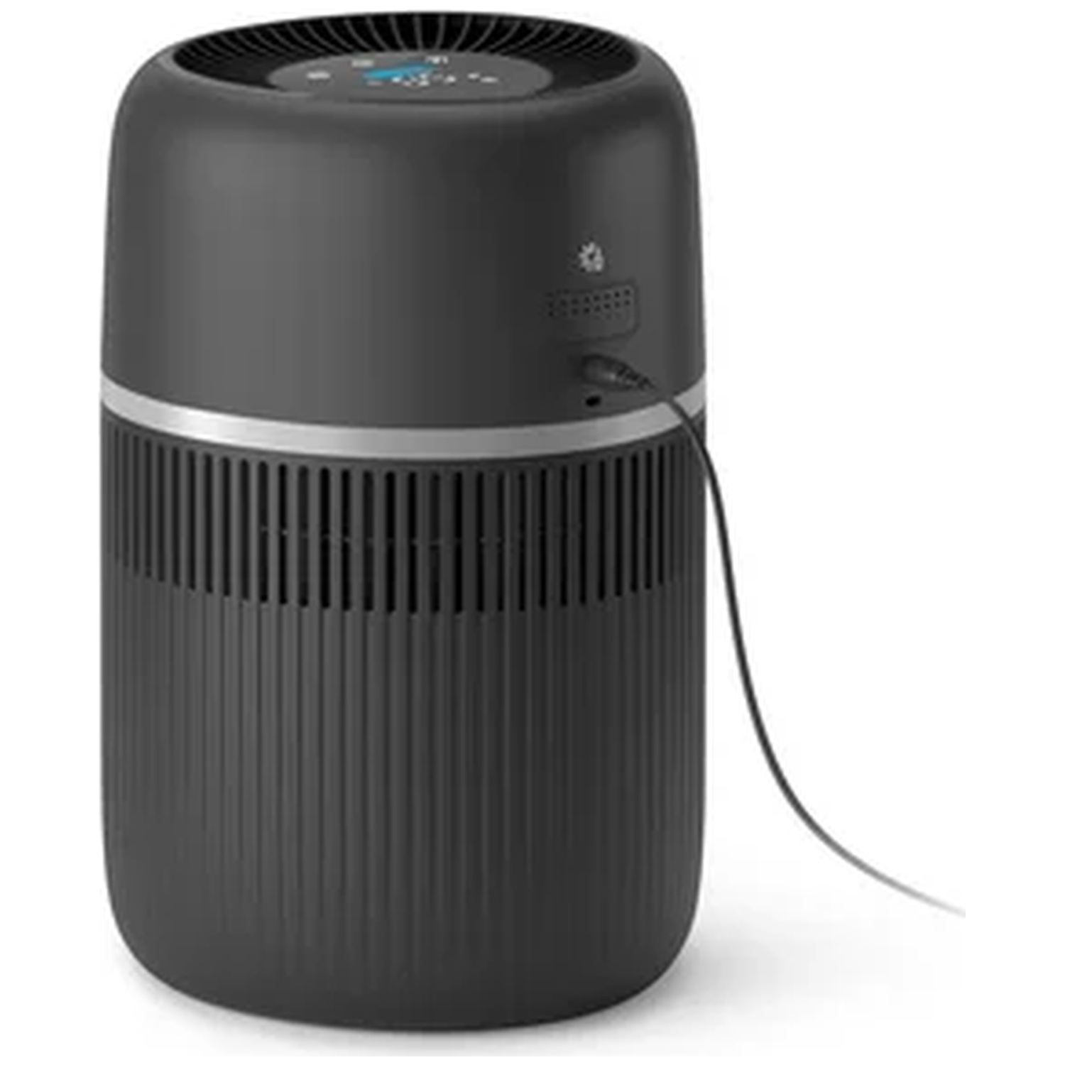 A black air purifier with vents and a small screen on top, a cord is plugged in.