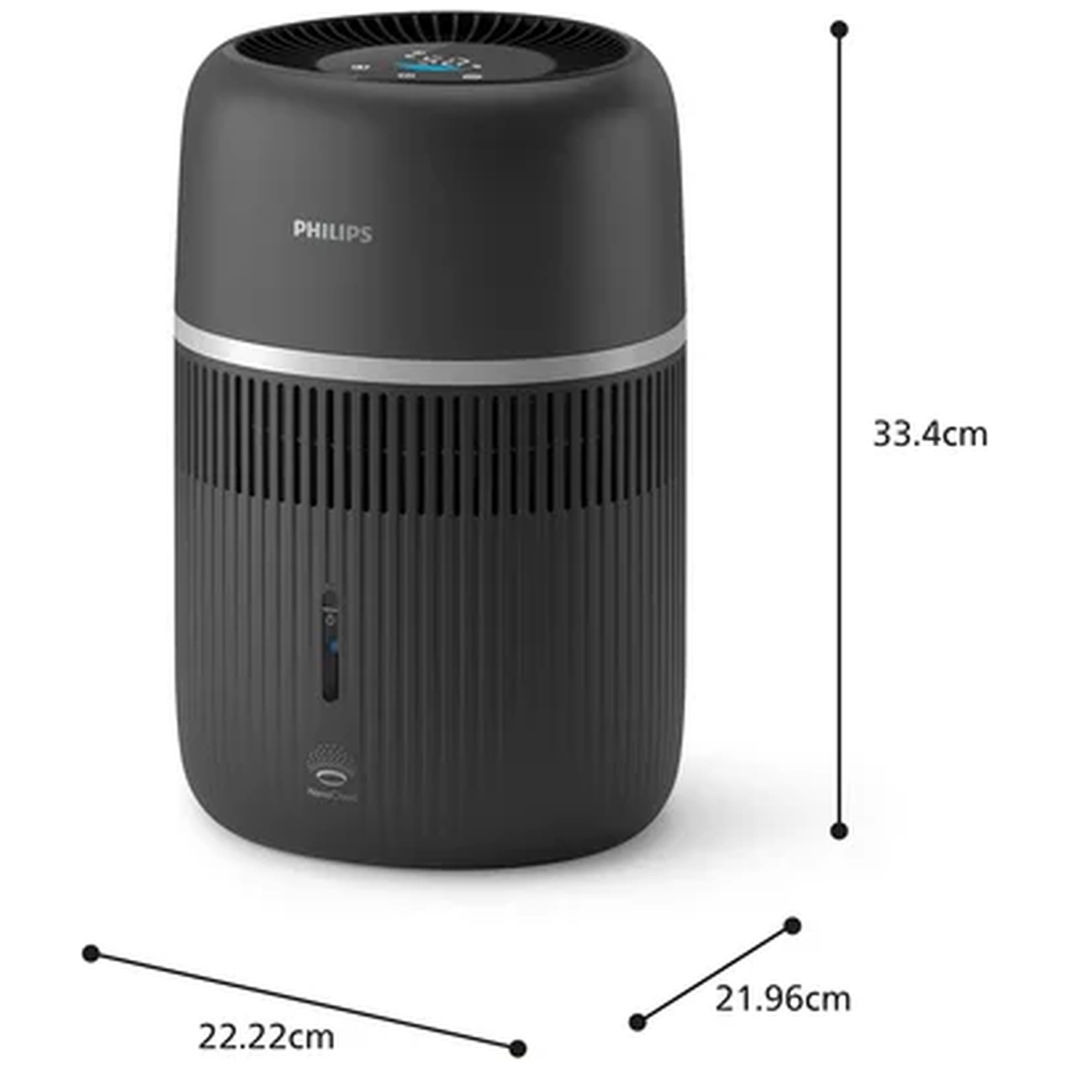 Black Philips air purifier with ventilation slots and digital display.