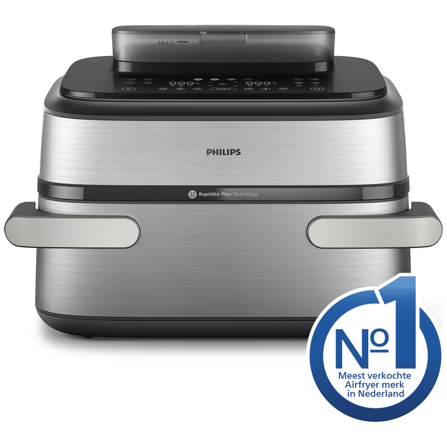 Silver Philips air fryer with black control panel and blue "No. 1" logo.