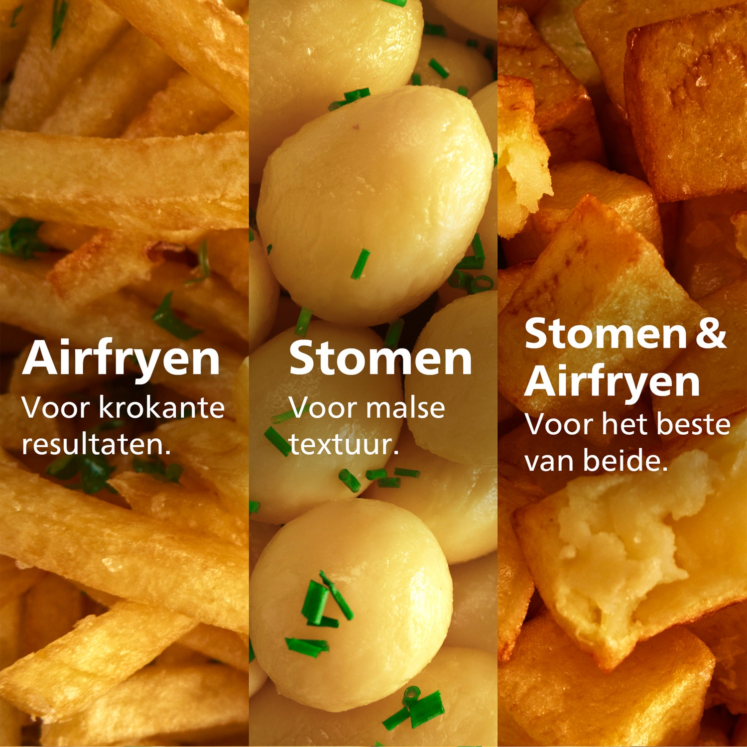 Three potato preparations: fries, boiled potatoes, and fried potato chunks.