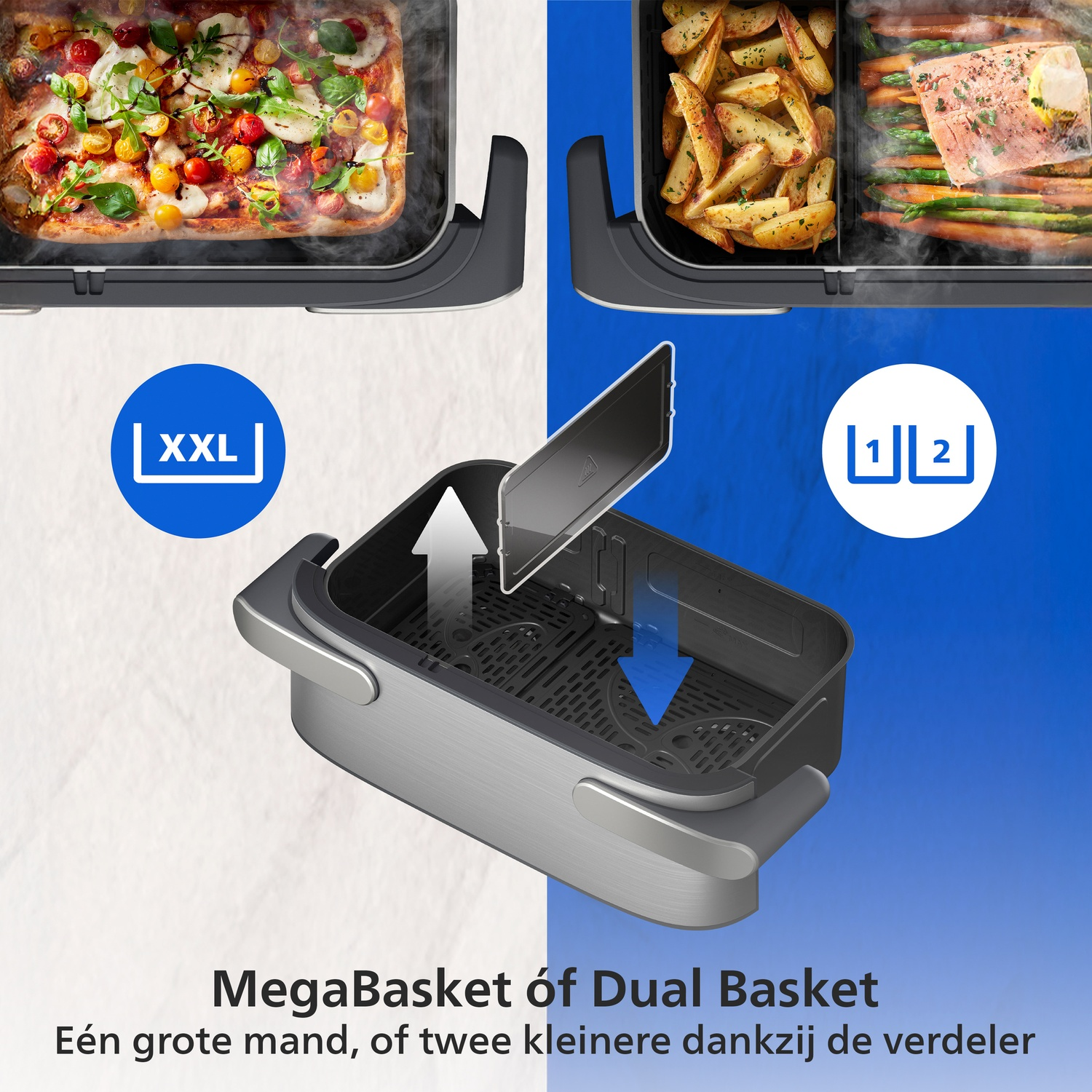 A large or two small baskets for an air fryer with pizza, fries, and salmon.