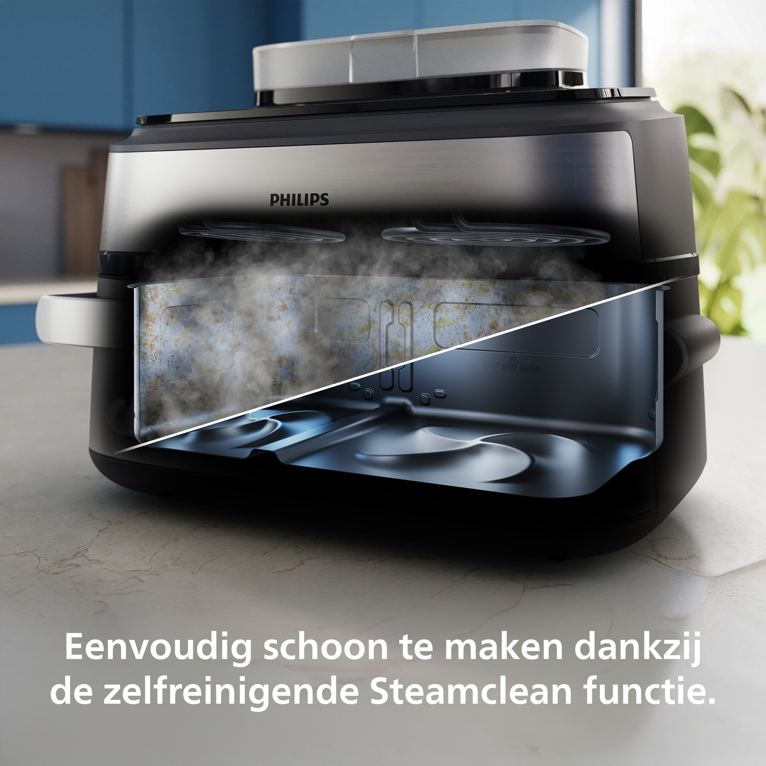 Philips Airfryer with Steamclean function. Top is dirty, bottom is clean.